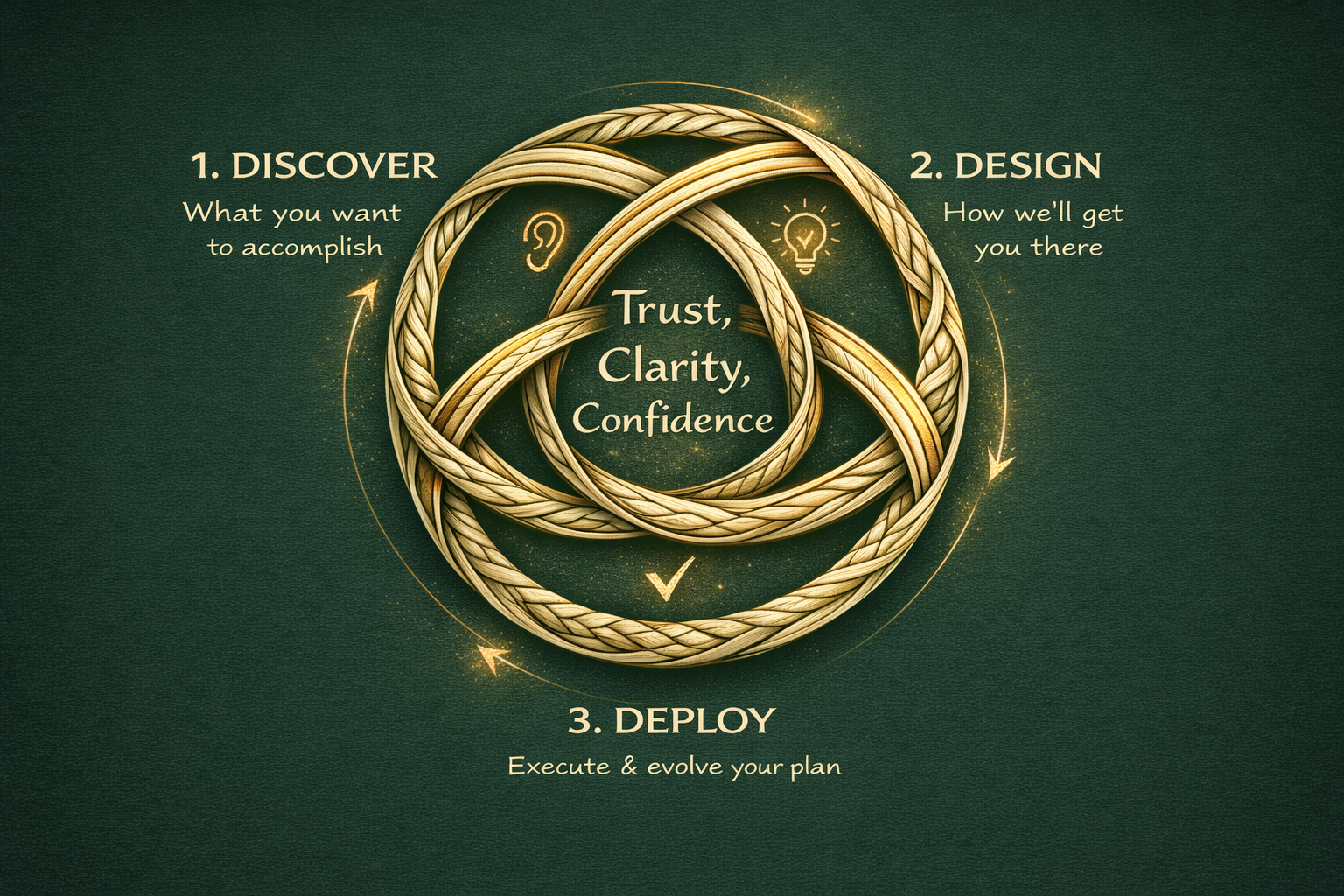 Diagram with three intertwined gold ropes illustrating a process: 1. Discover, understanding what you want to accomplish; 2. Design, planning how to get there; 3. Deploy, executing and evolving the plan. The center highlights trust, clarity, and confidence.