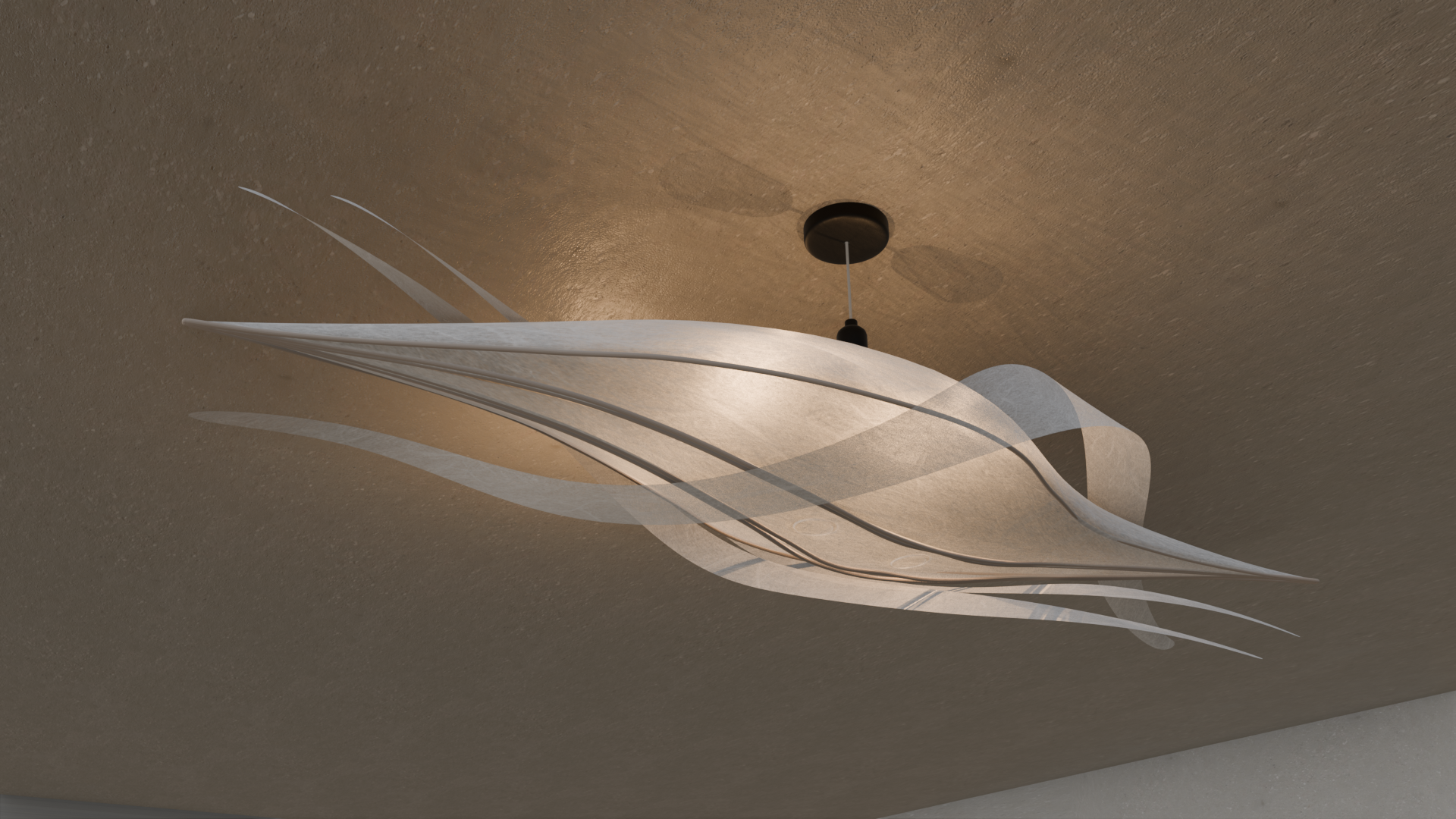 Moderne Deckenleuchte mit geschwungenen weißen und transparenten Elementen, an der Decke befestigt.