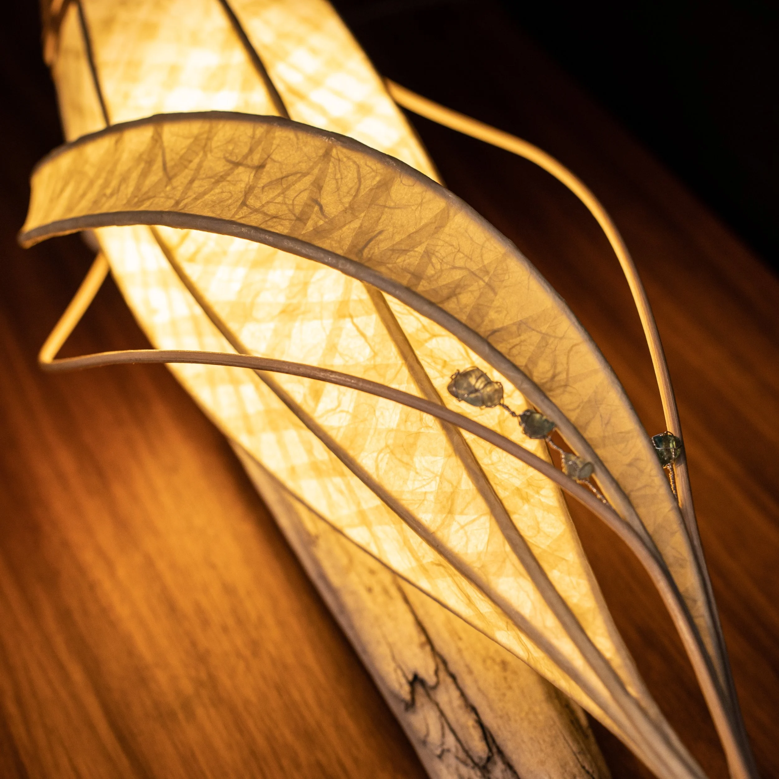 Eine Nahaufnahme einer modernen Lampe mit leuchtendem Papier- oder Stoffschirm in warmem Licht, auf einem Holzoberflächen fokussiert.