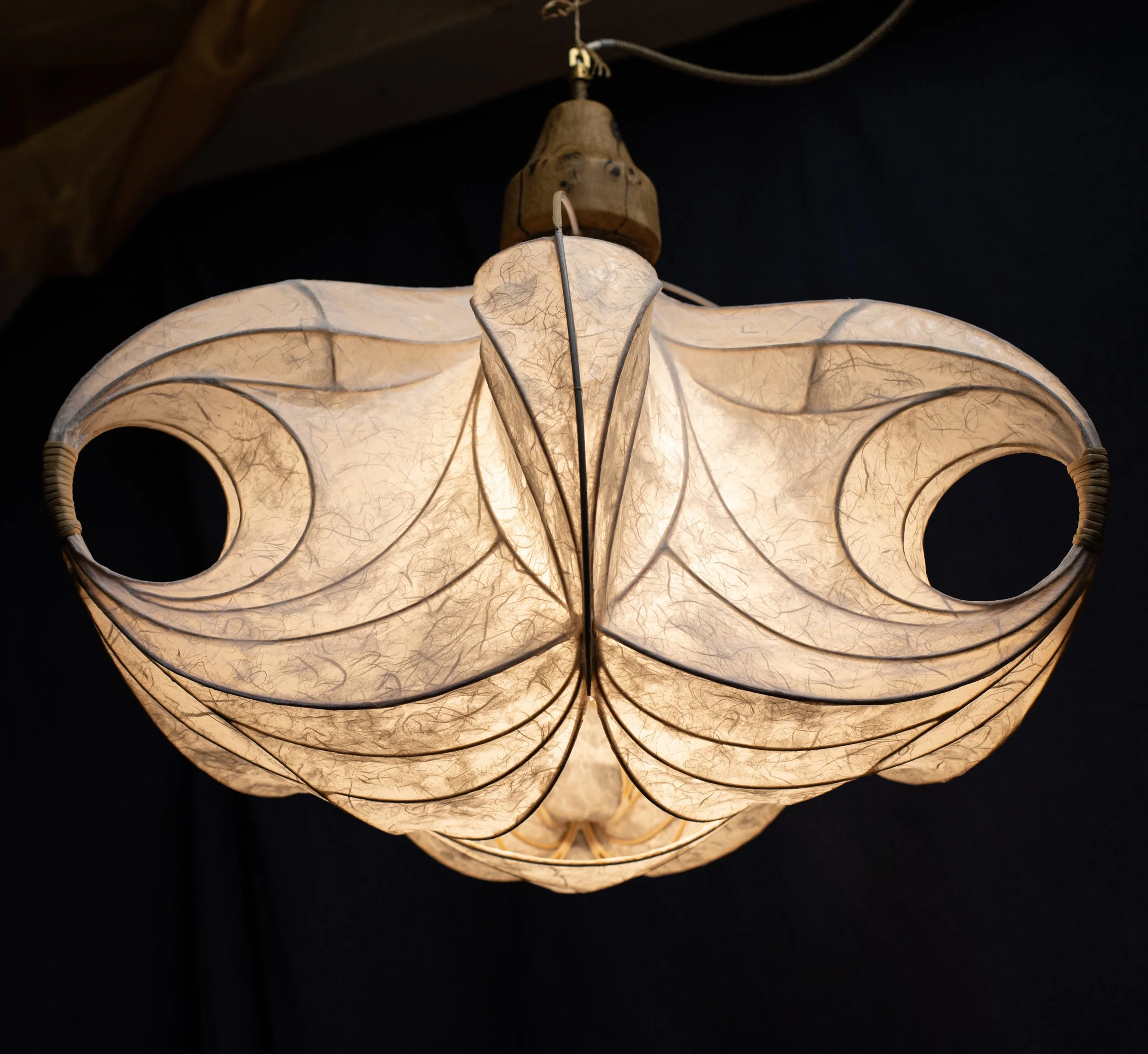 Hängelampe mit Papierlaterne in Form eines Schmetterlings, beleuchtet, vor dunklem Hintergrund.