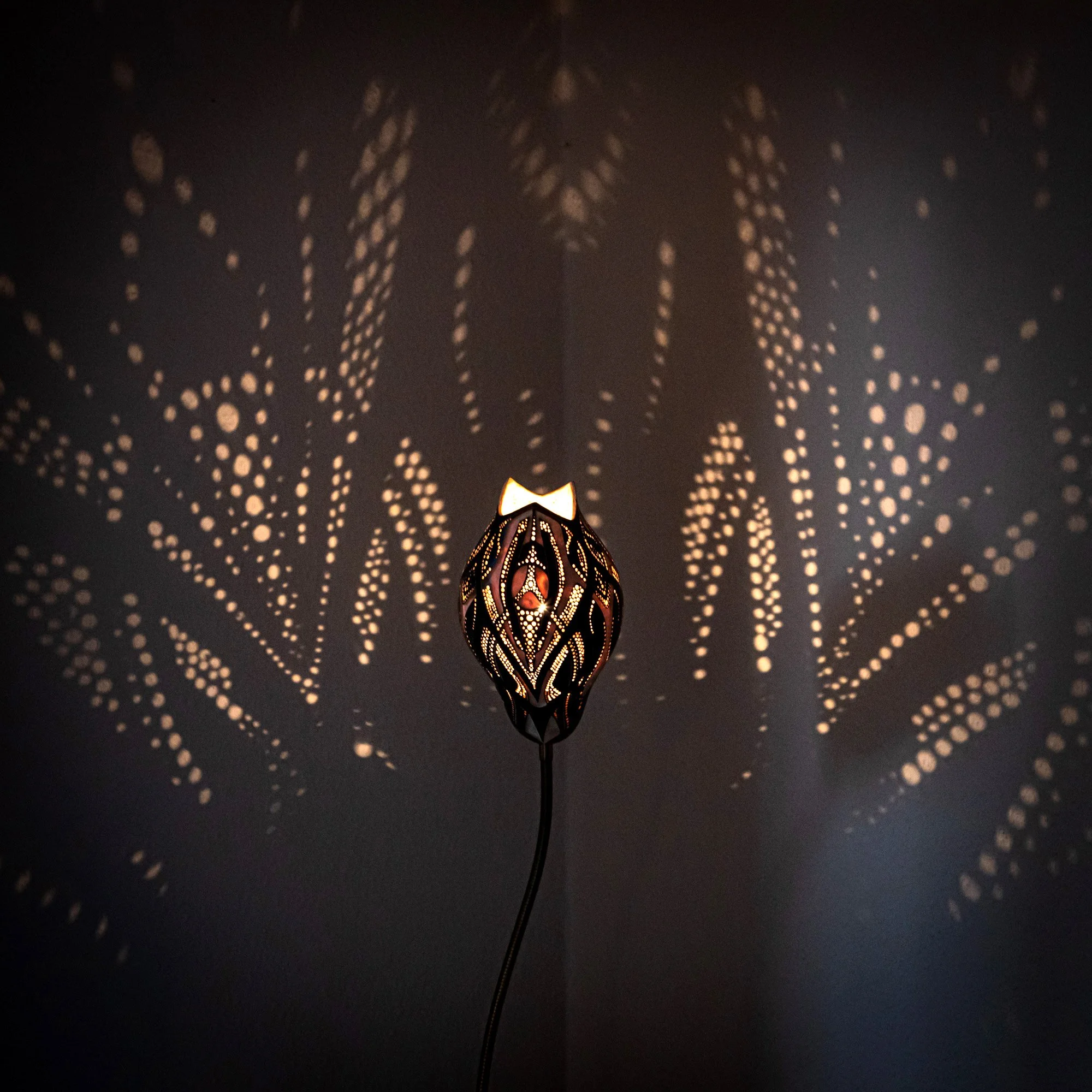 Eine dekorative Stehlampe wirft ein komplexes, die Wand mit Mustern aus kleinen Löchern bedecktes Lichtmuster.