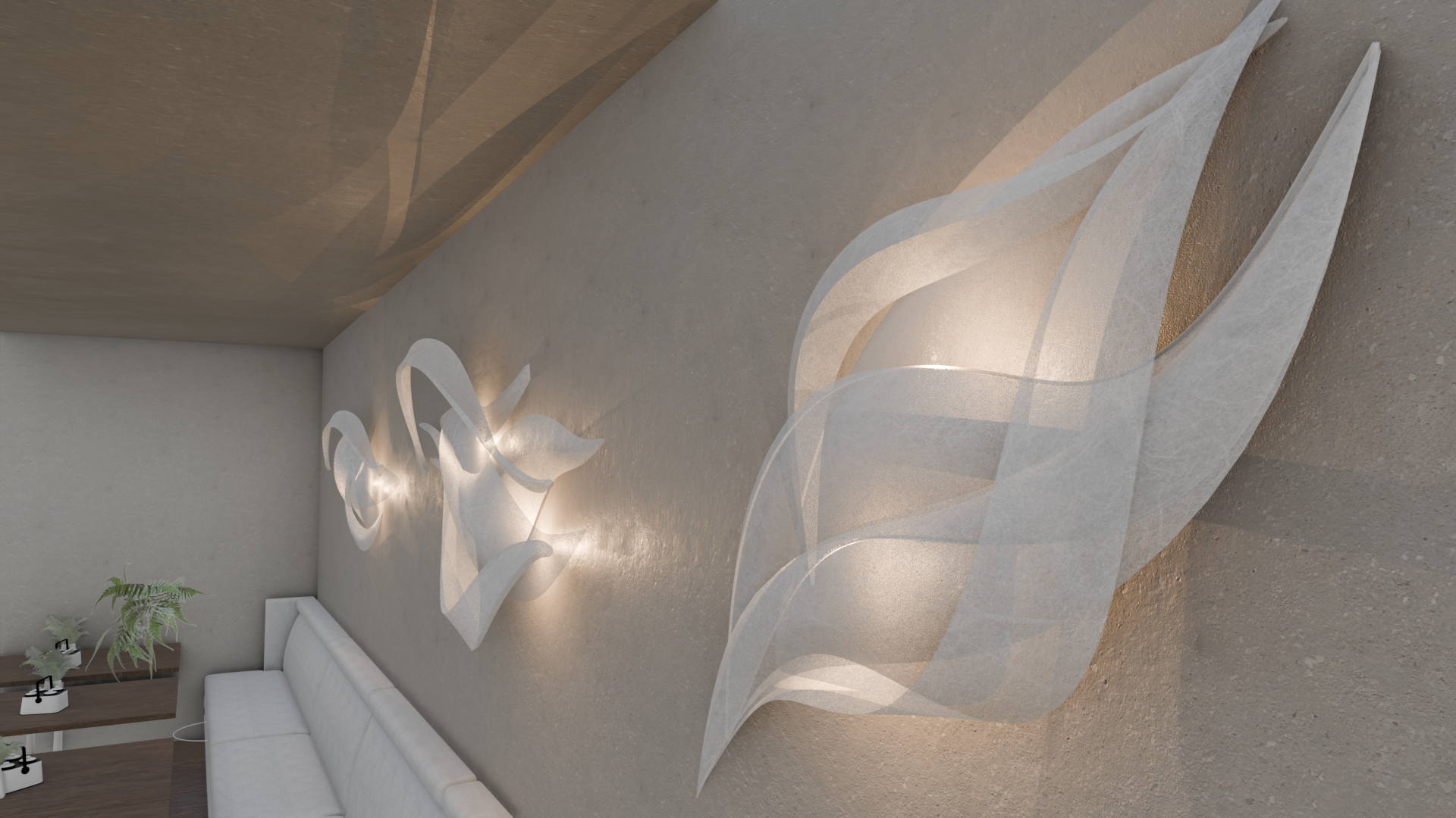 Innenraum mit weißen Wandlampen in Form von abstrakten, geschwungenen Blättern, die an der Wand angebracht sind.