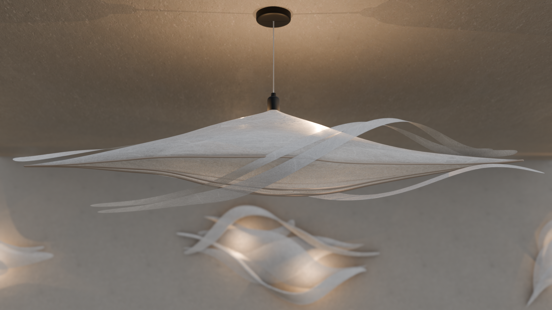 Moderne Deckenleuchte mit geschwungenem, weißen Lampenschirm aus Papier oder Stoff, hängend an einem schwarzen Kabel.