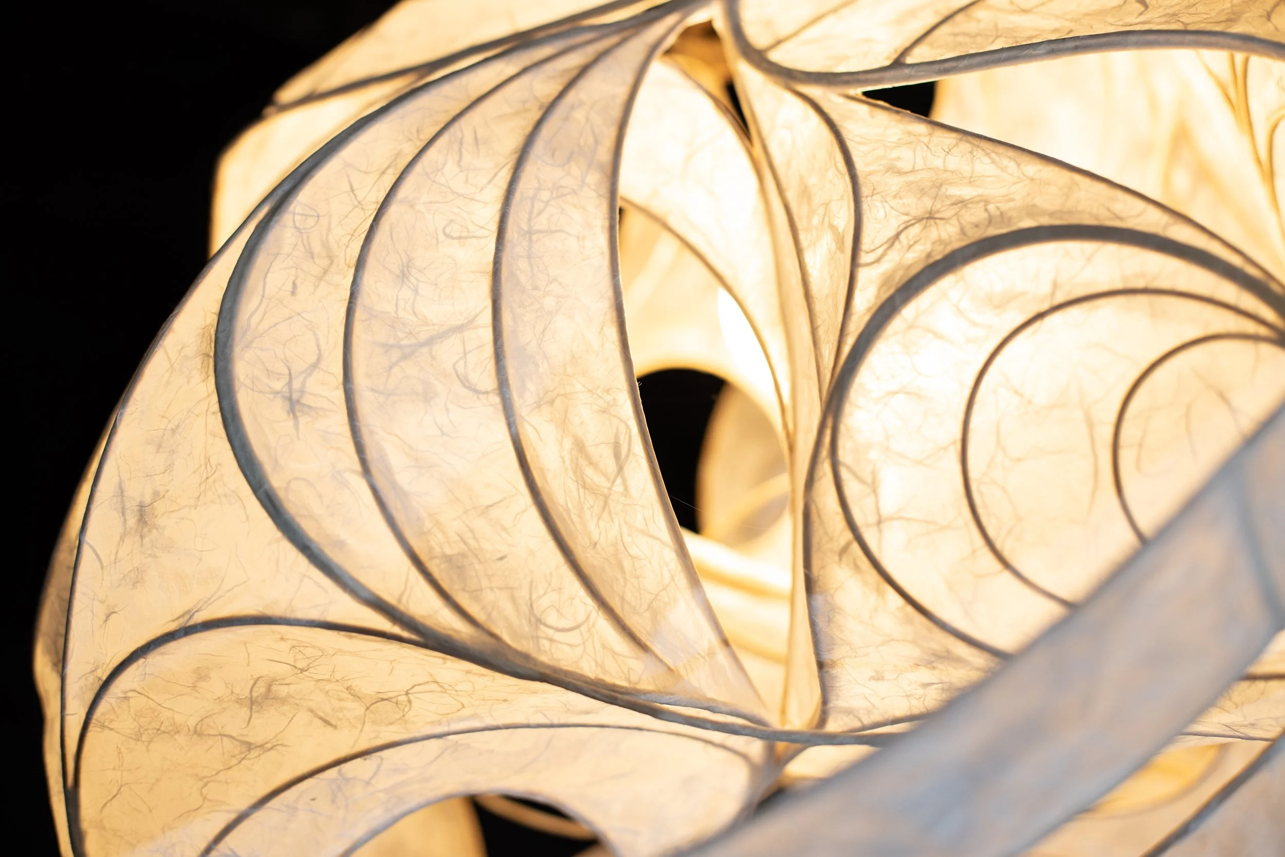 Nahaufnahme eines modernen, geschwungenen Lampenschirms aus dünnem Papier mit schwarzen Verzierungen, beleuchtet vor schwarzem Hintergrund.