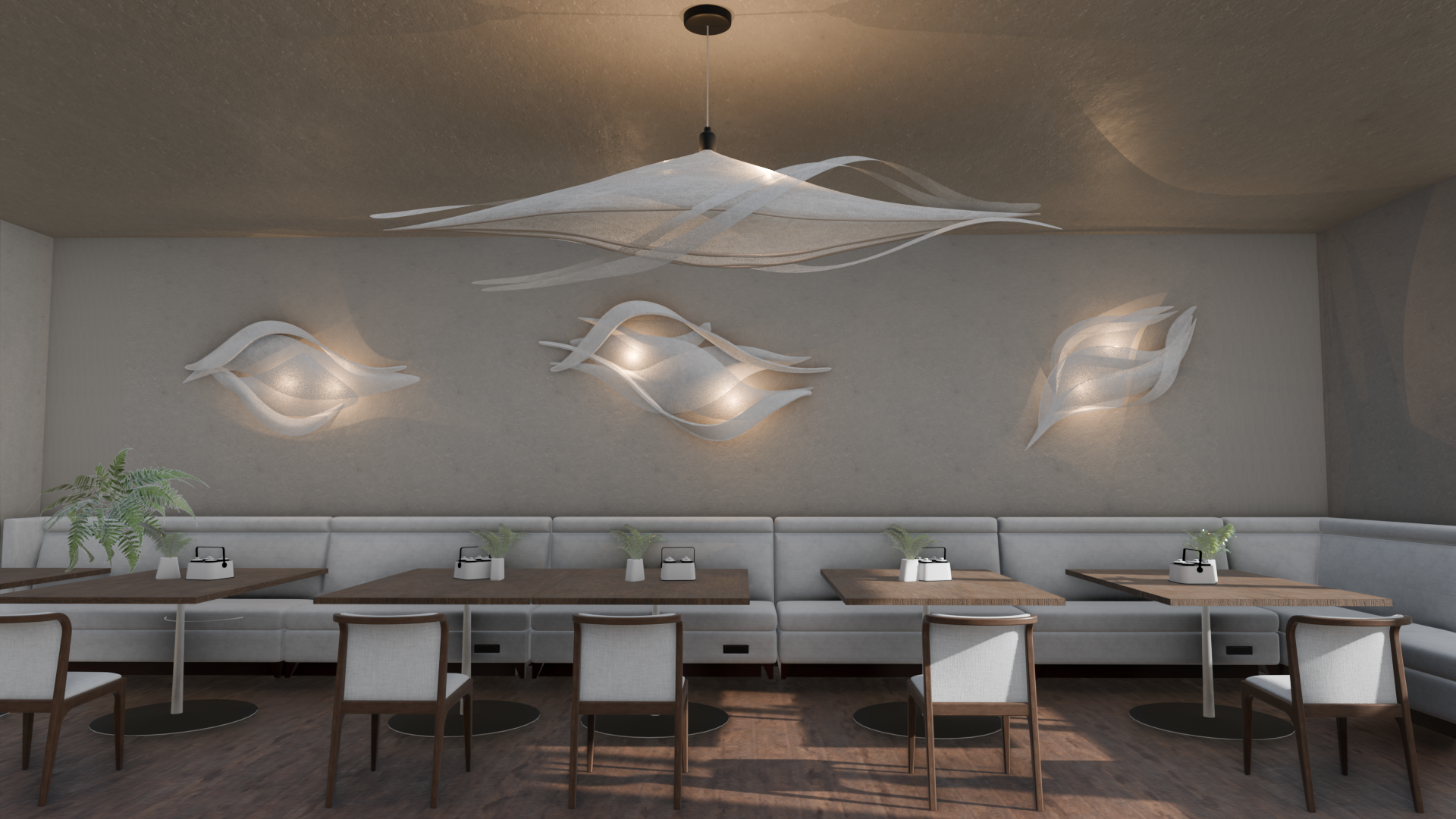 Moderner Essbereich mit weißen Wandlampen, Holztischen, Stühlen und Pflanzen, helle gemütliche Atmosphäre.