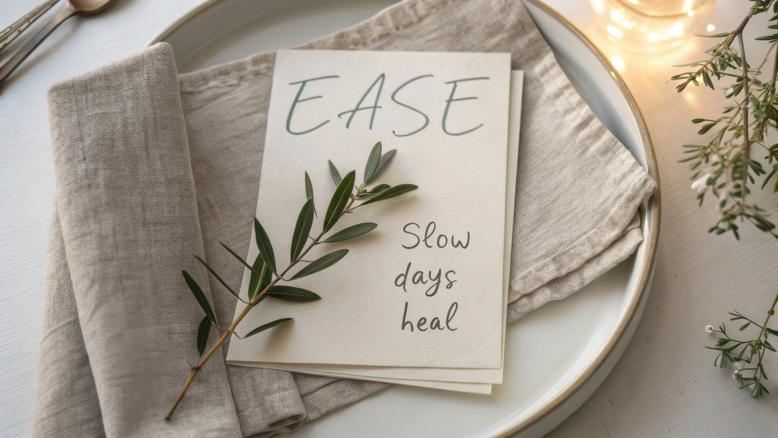 A beige linen napkin, a sprig of green leaves, and a greeting card with the words 'EASE' and 'slow days heal' on a decorative tray with string lights.