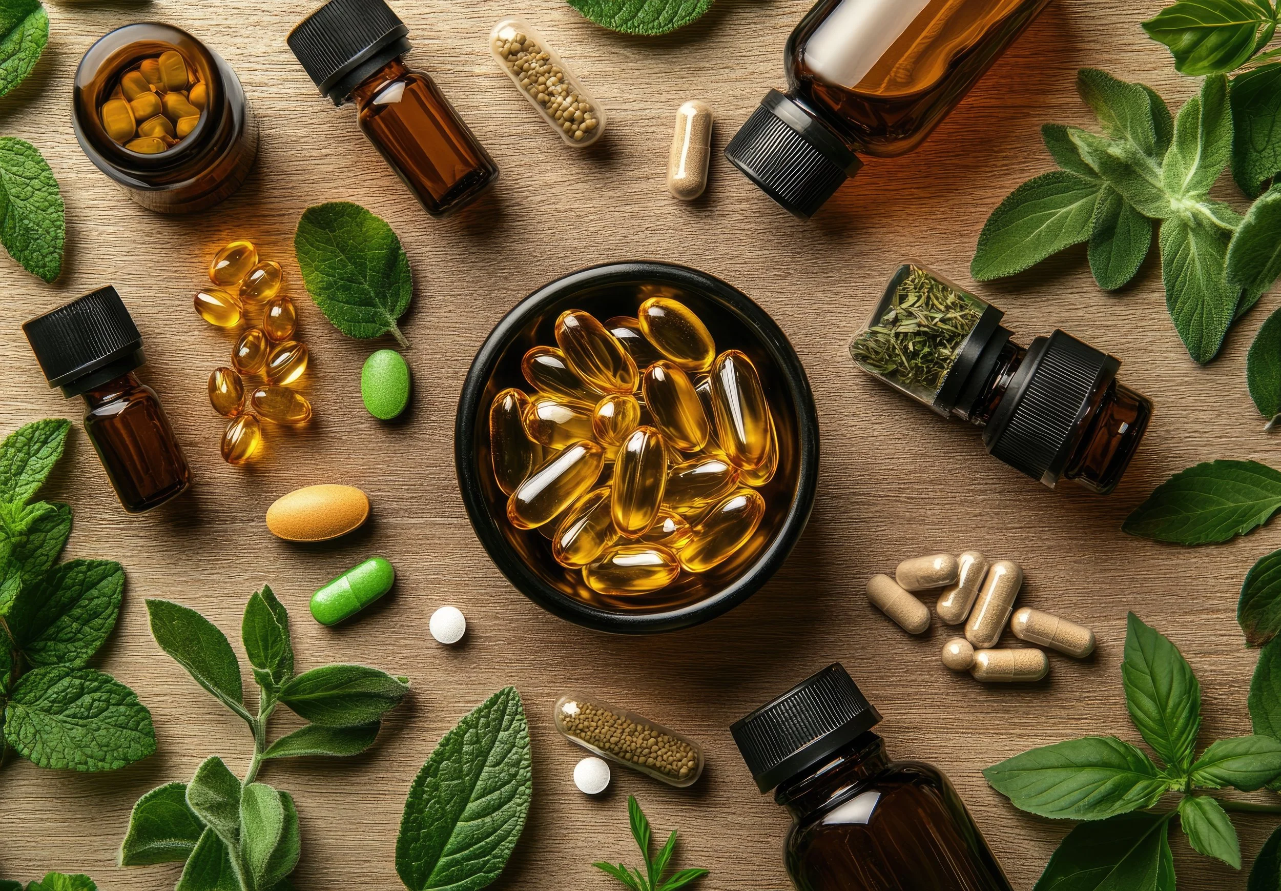 Various herbal supplements and capsules on a wooden surface, including bottles, loose pills, and fresh herbal leaves.