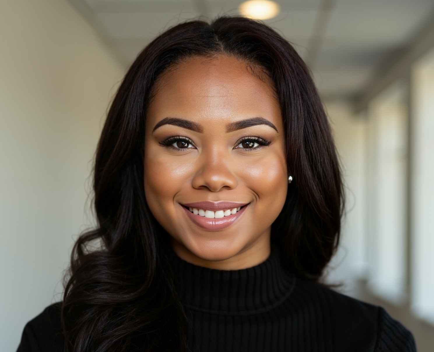 A portrait of a smiling woman with long dark hair, wearing a black turtleneck, in an indoor setting with blurred background.