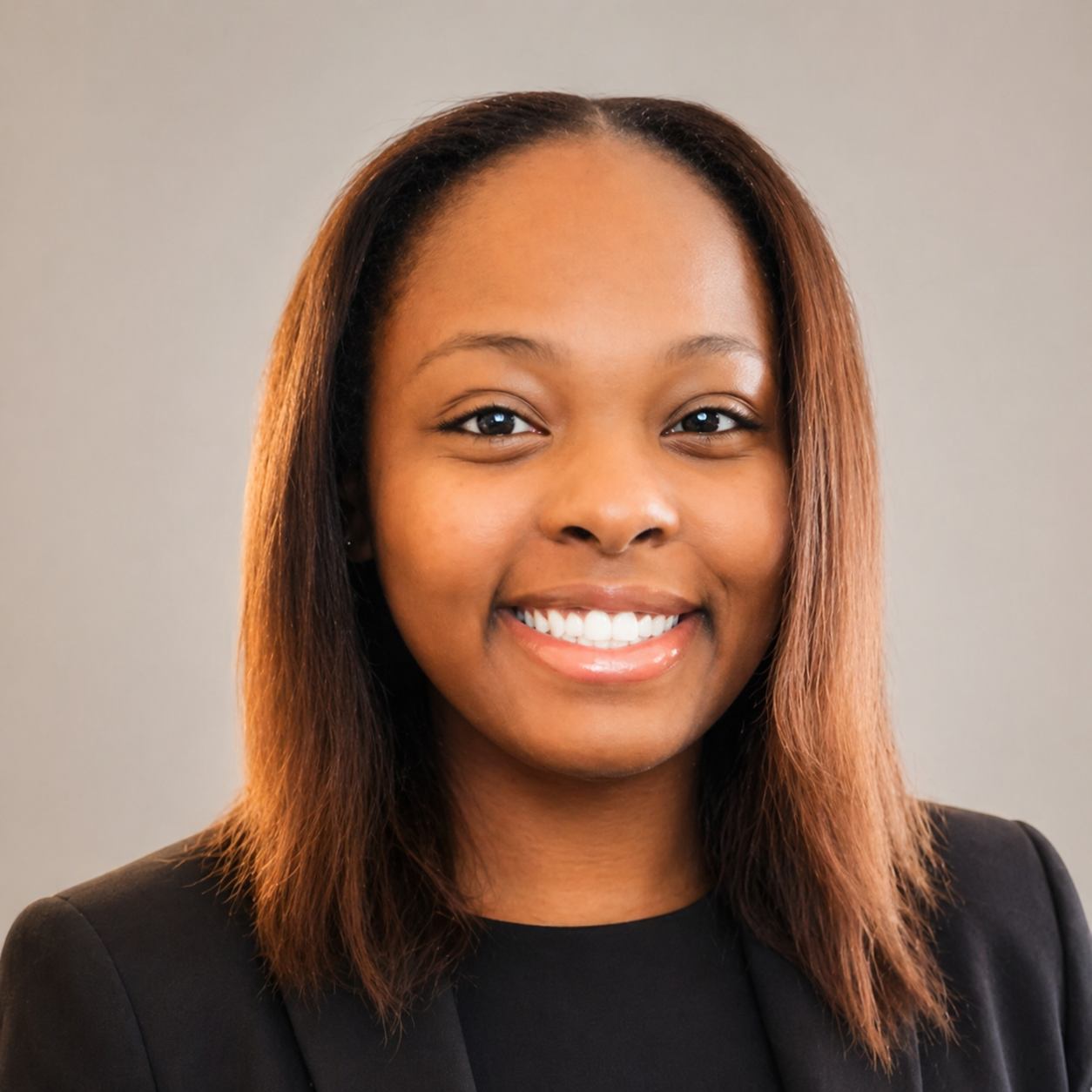 Close-up of a smiling African American woman with straight shoulder-length hair, wearing a black blazer against a plain background.