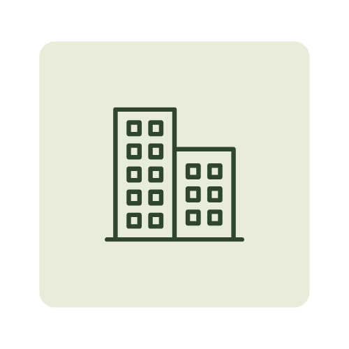 Simplified line drawing of two office buildings of different heights.