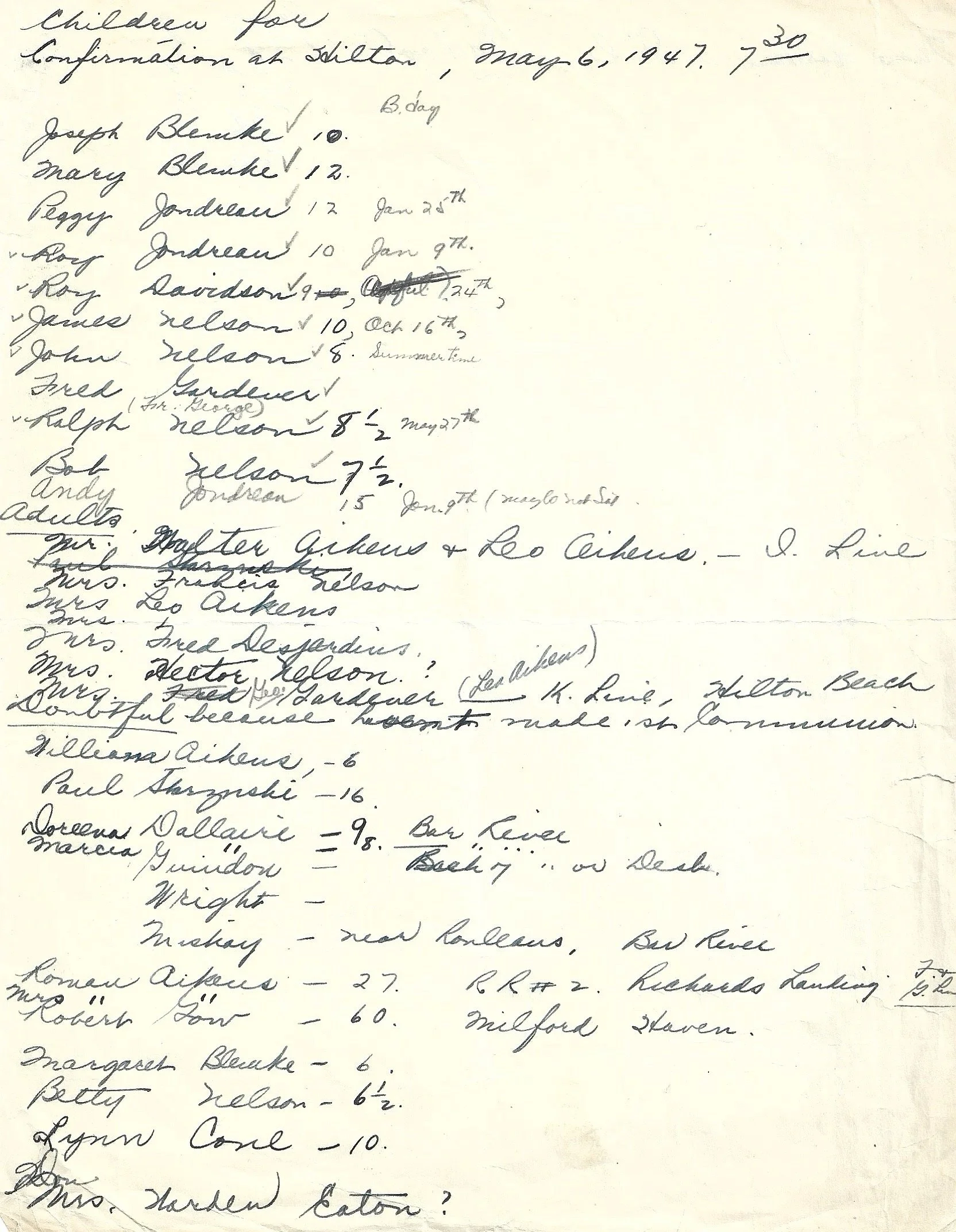 c.1947 List of those enrolled for catechism