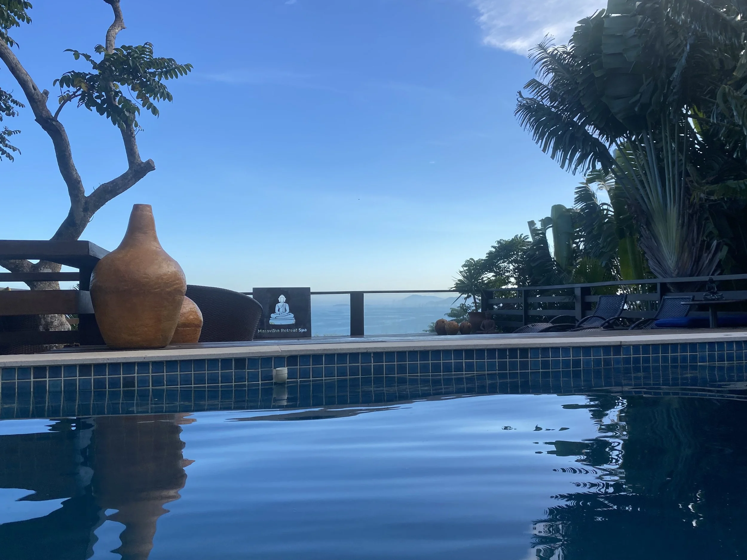 A swimming pool with decorative clay vases on the deck, tropical plants, a tree, and lounge chairs overlooking the ocean on a clear day.