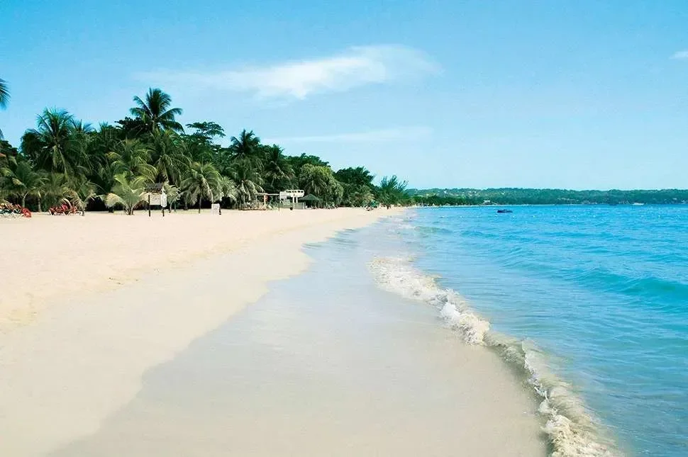 A sandy beach with palm trees and huts along the shoreline, with calm blue ocean water and a clear sky.