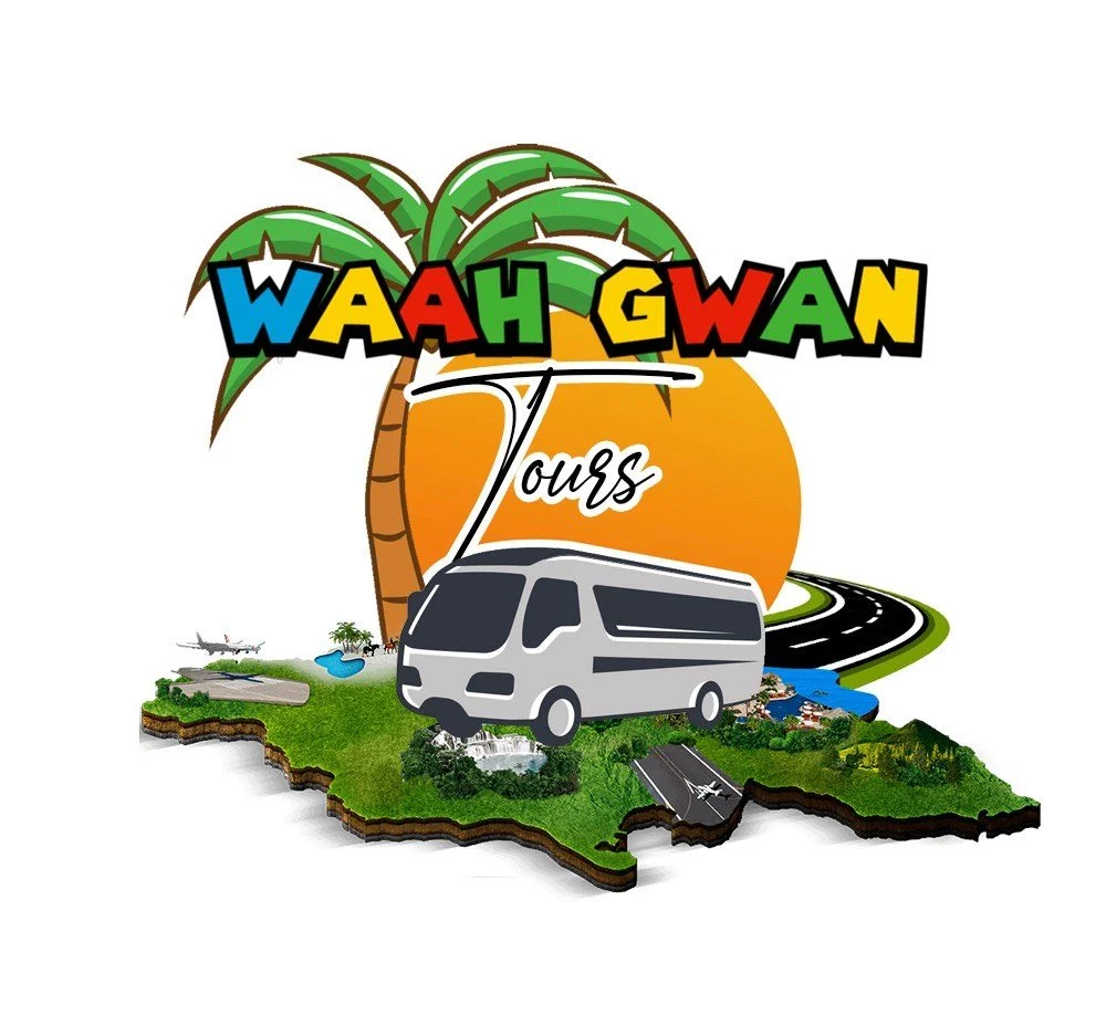 Logo for WAH GWA Tours featuring a tropical island with a palm tree, an airplane, a river, an airport runway, a van, and colorful text
