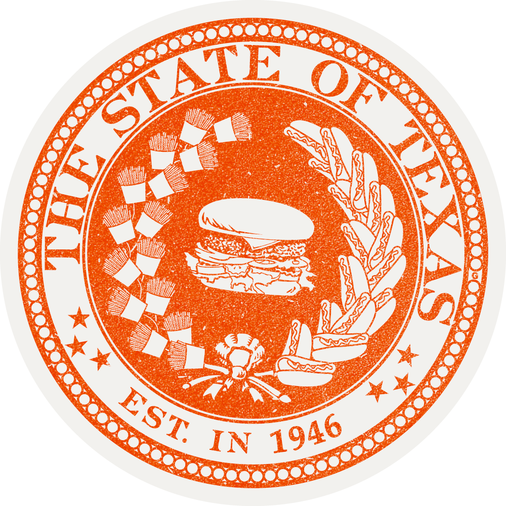 A circular emblem with an orange and white design, featuring the text 'State of Texas' and 'Est. in 1946'. The emblem contains illustrations of a hamburger, French fries, and a decorative badge with stars, surrounded by a border of dots and stars.