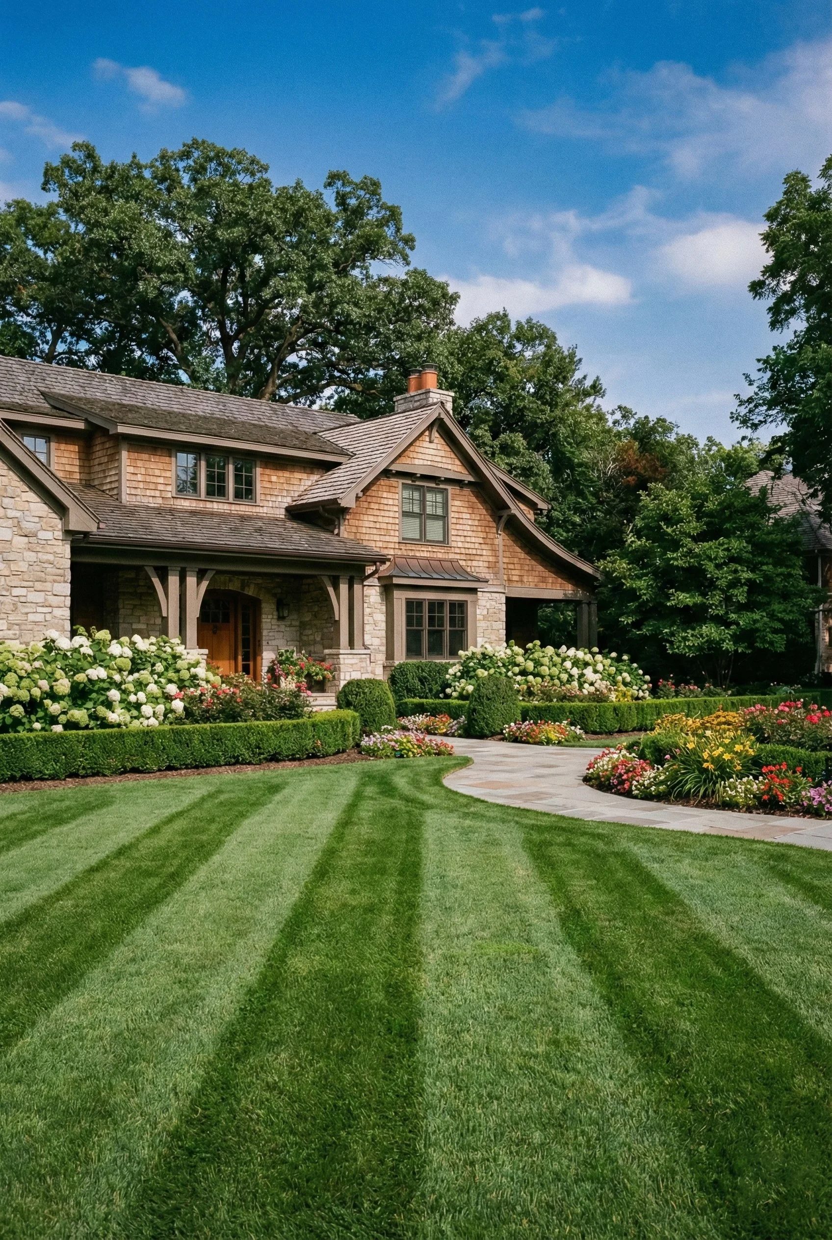 A house with wooden shingles and stone walls, surrounded by a well-maintained lawn and colorful flower beds, under a bright blue sky.