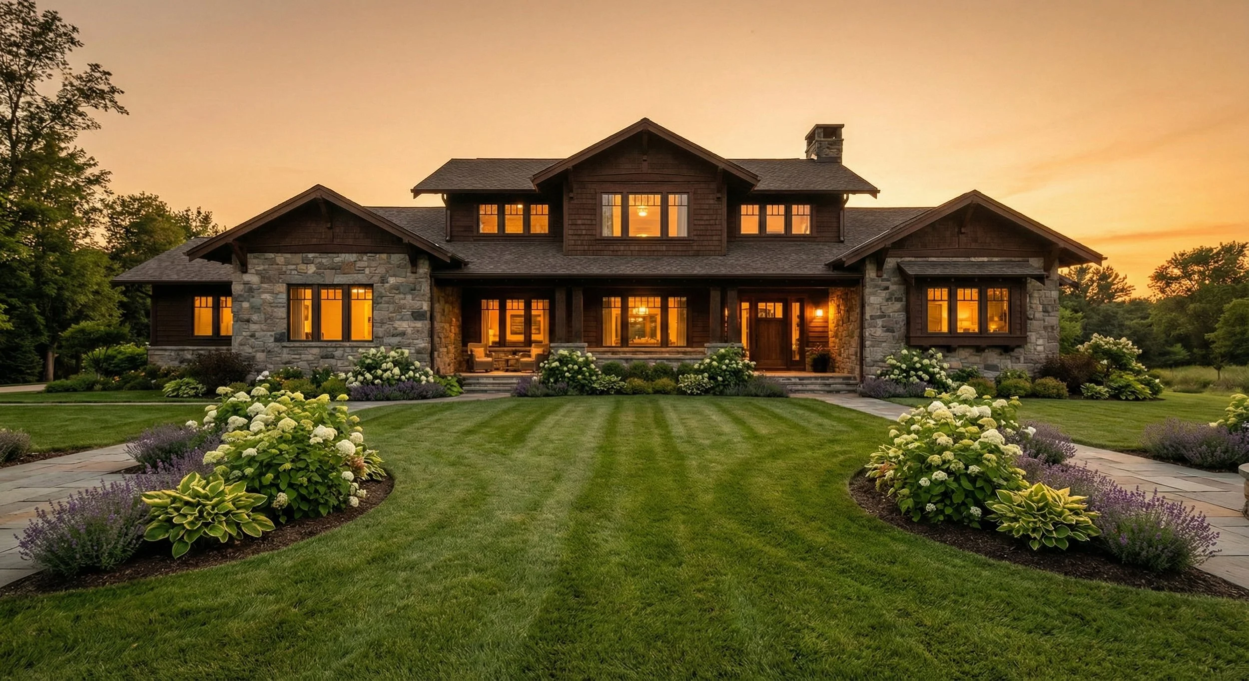 A large two-story house with stone and wood exterior, glowing windows, and a landscaped front yard during sunset