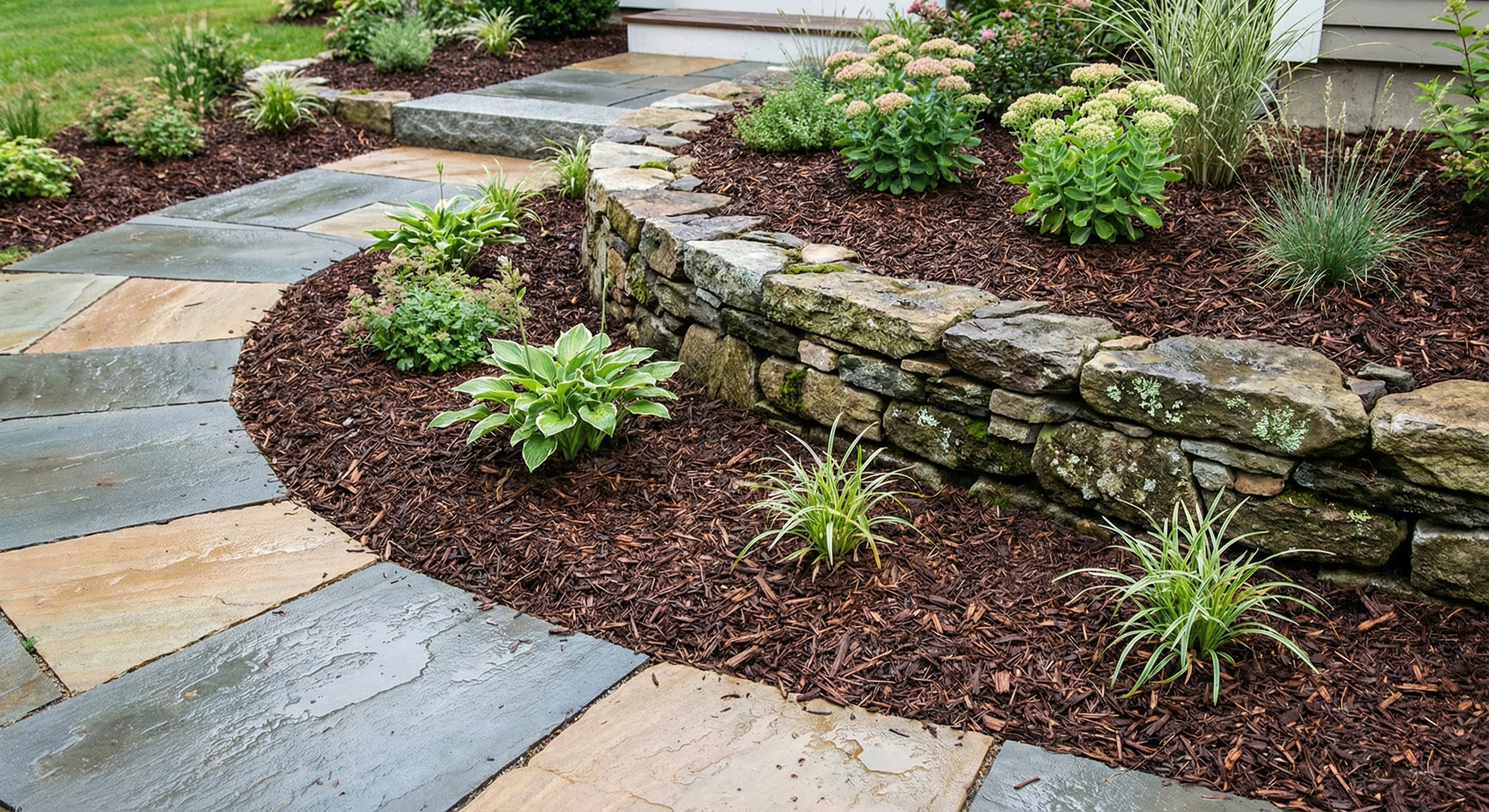 A landscaped garden with a stone walkway and a decorative stone wall, featuring various green plants and mulch.