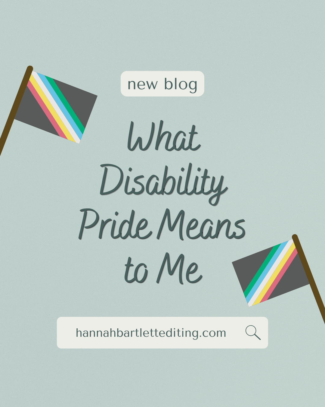 New Blog What Disability Pride Means to Me on a light blue background with two disability pride flags on either side of the title