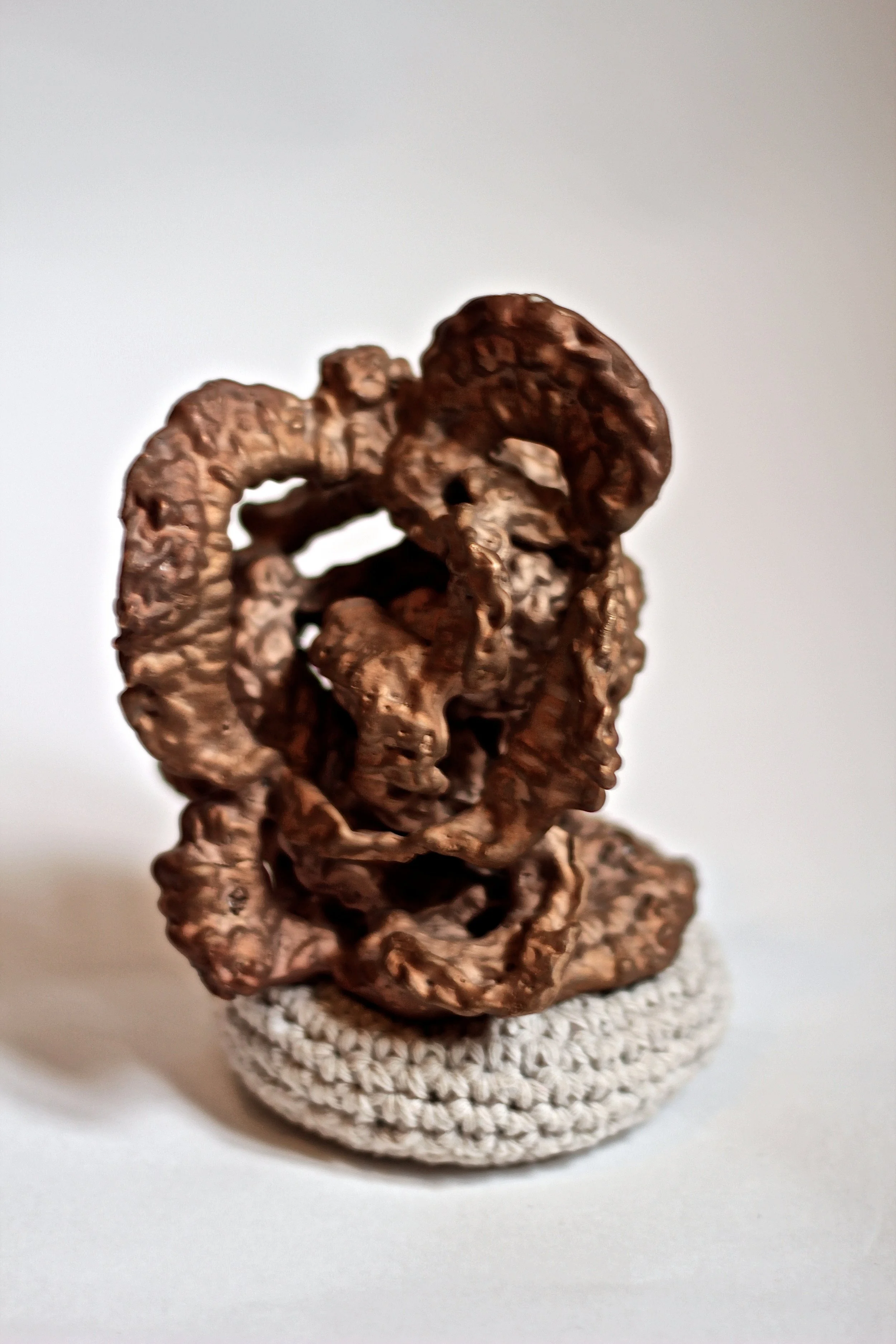 Close-up of a twisted, textured, dark brown object resembling a dried seed or nut, placed on a small, woven, white circular base against a plain light background.
