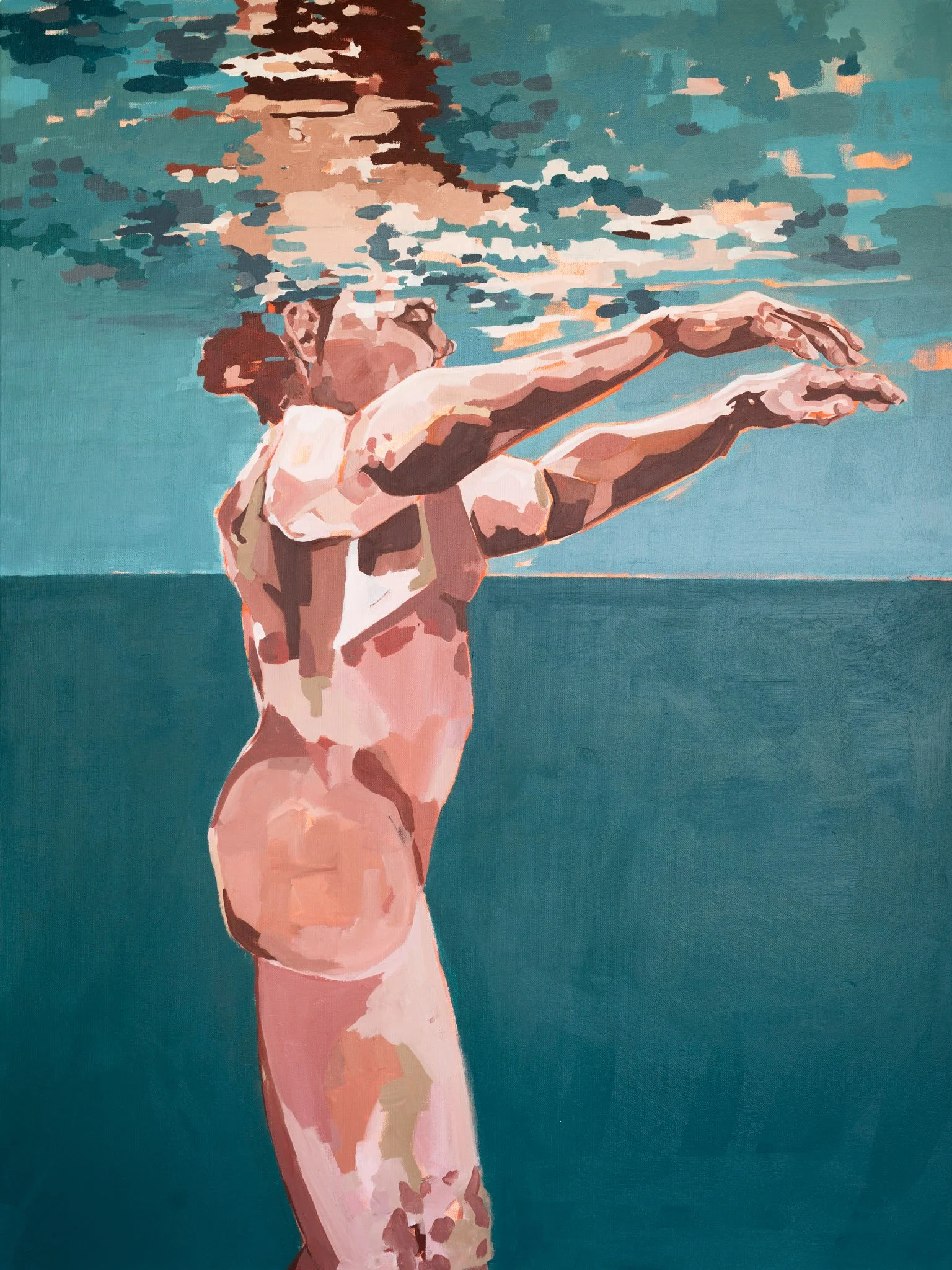Portrait of a young girl with short hair, standing in water. Her reflection is visible, with the water creating a distorted, impressionistic effect.