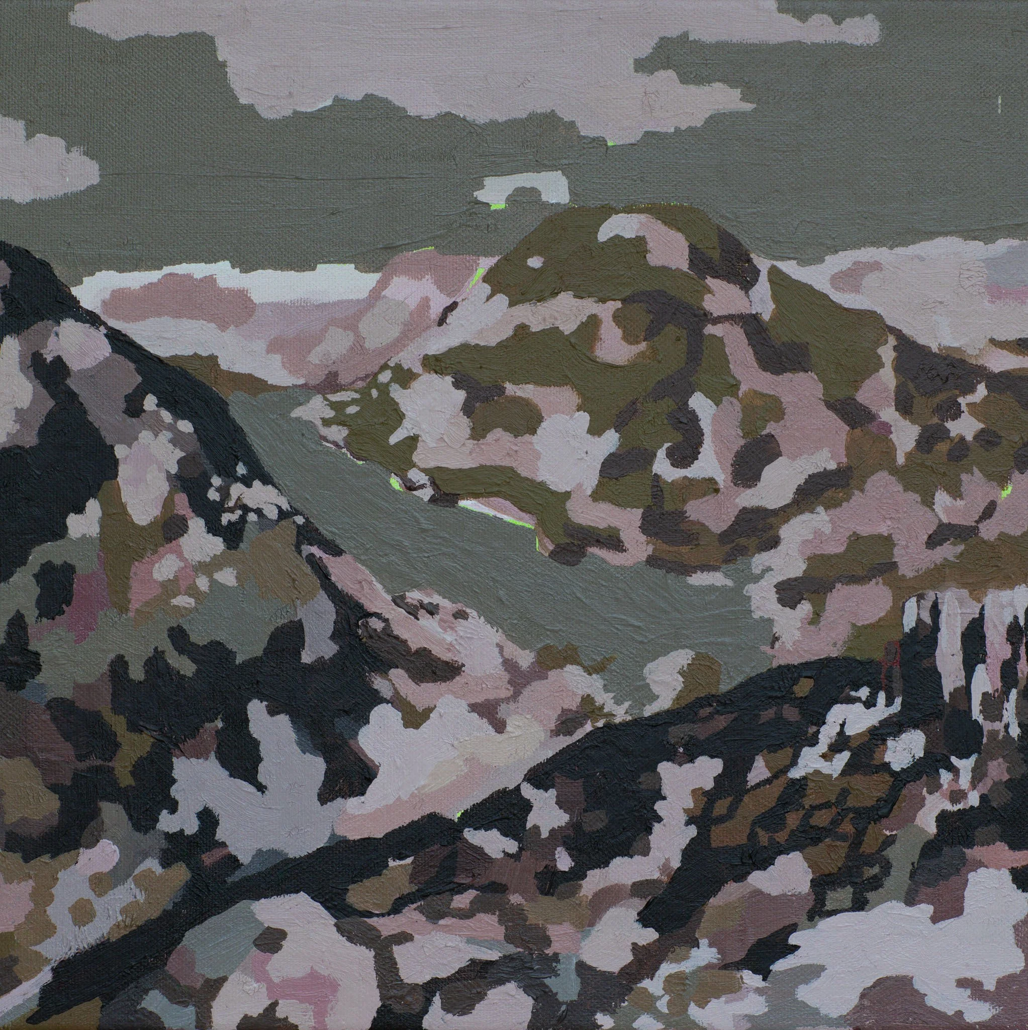 Abstract painting with a mix of dark gray, pink, black, white, and greenish colors in a textured style.