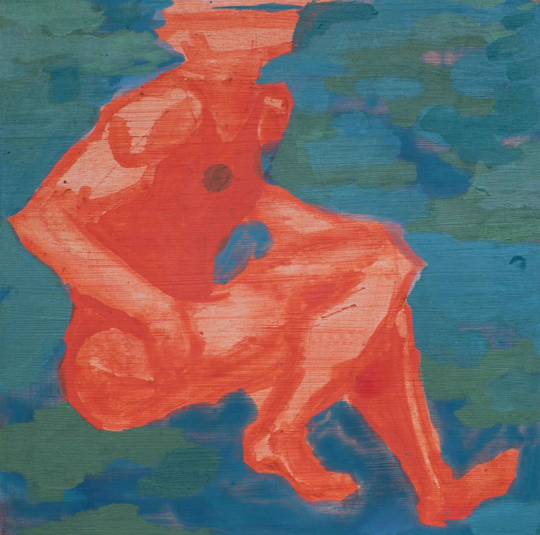 Close-up view of a colorful abstract painting with bold brush strokes in shades of red, blue, and green.