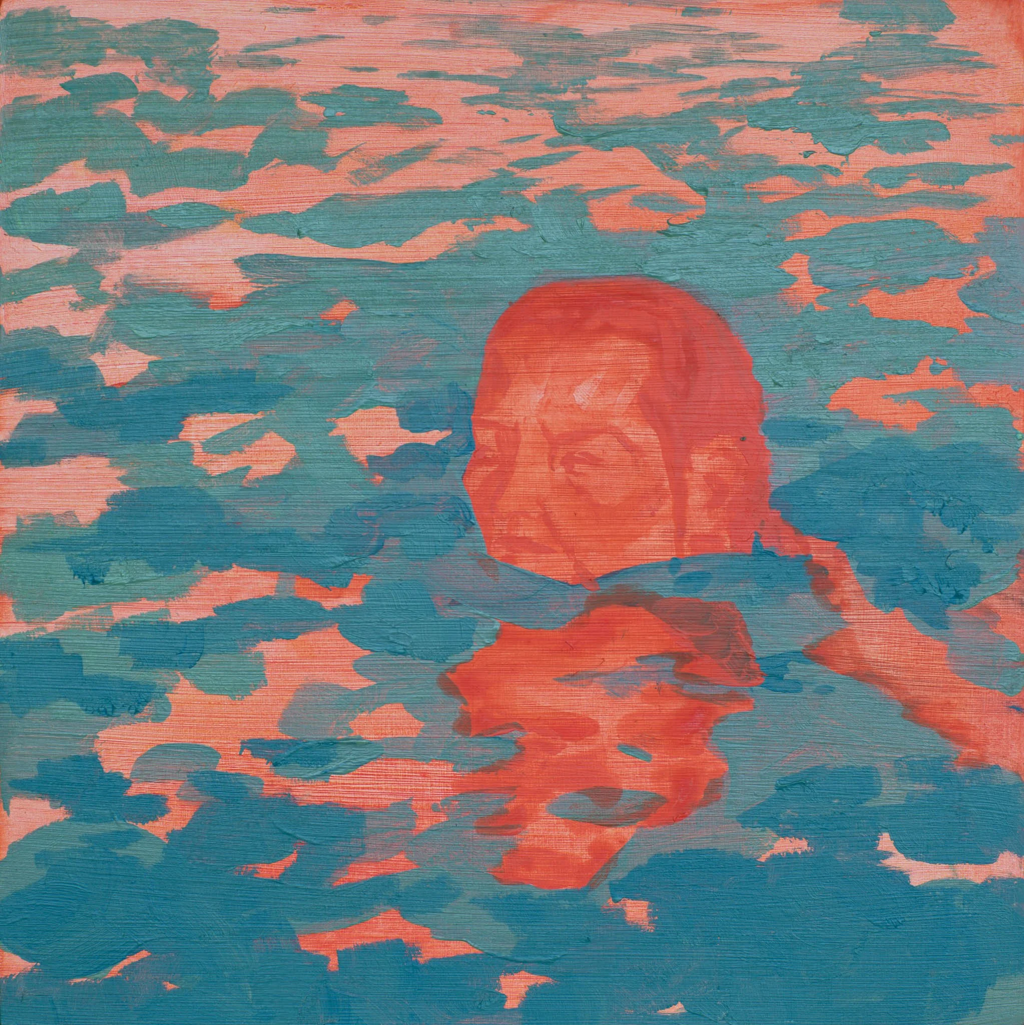 A colorful abstract painting with shades of teal and coral.