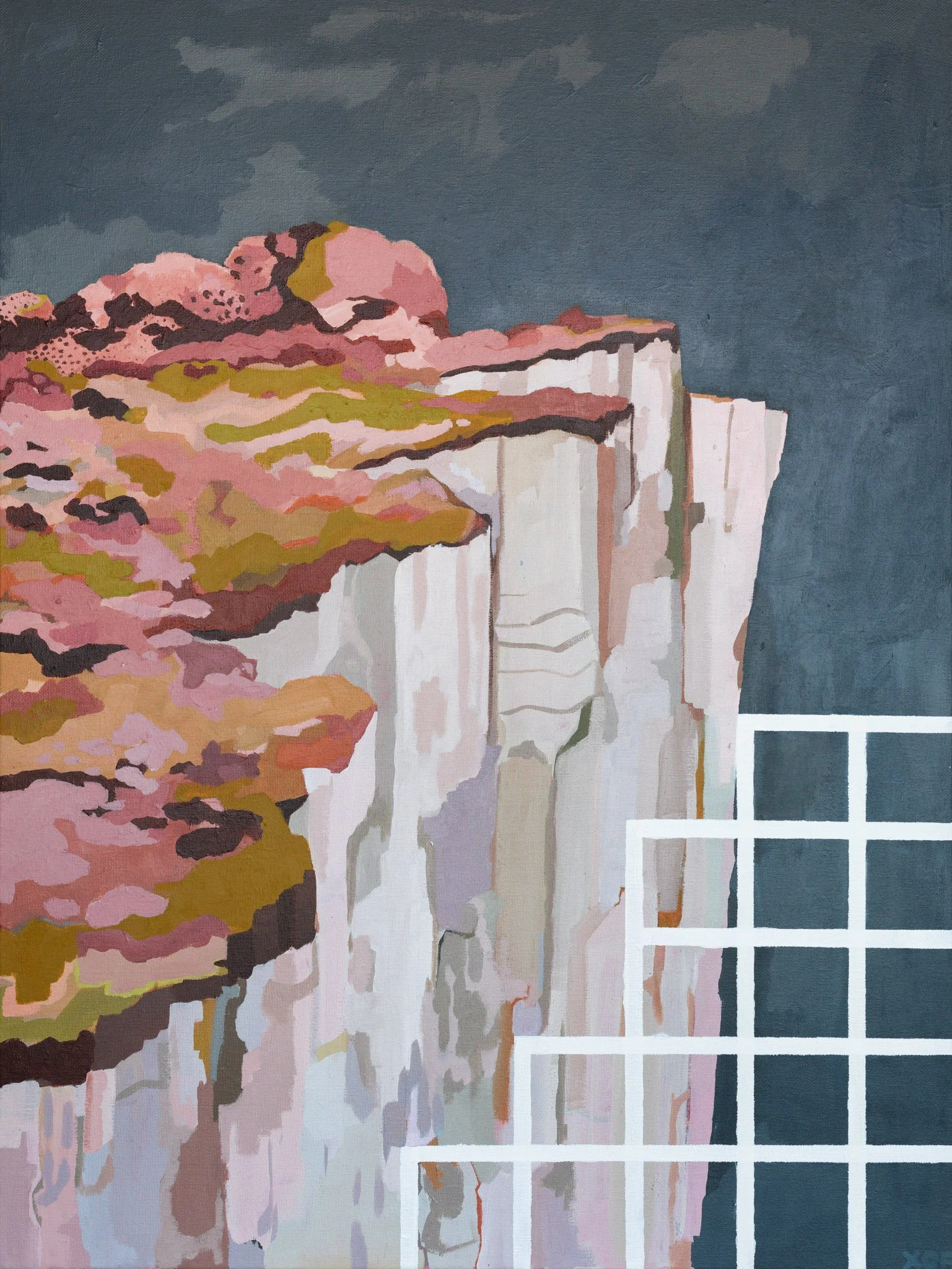 An abstract painting of a landscape with pink and beige rocks or hills, a white fence, and a dark blue sky.