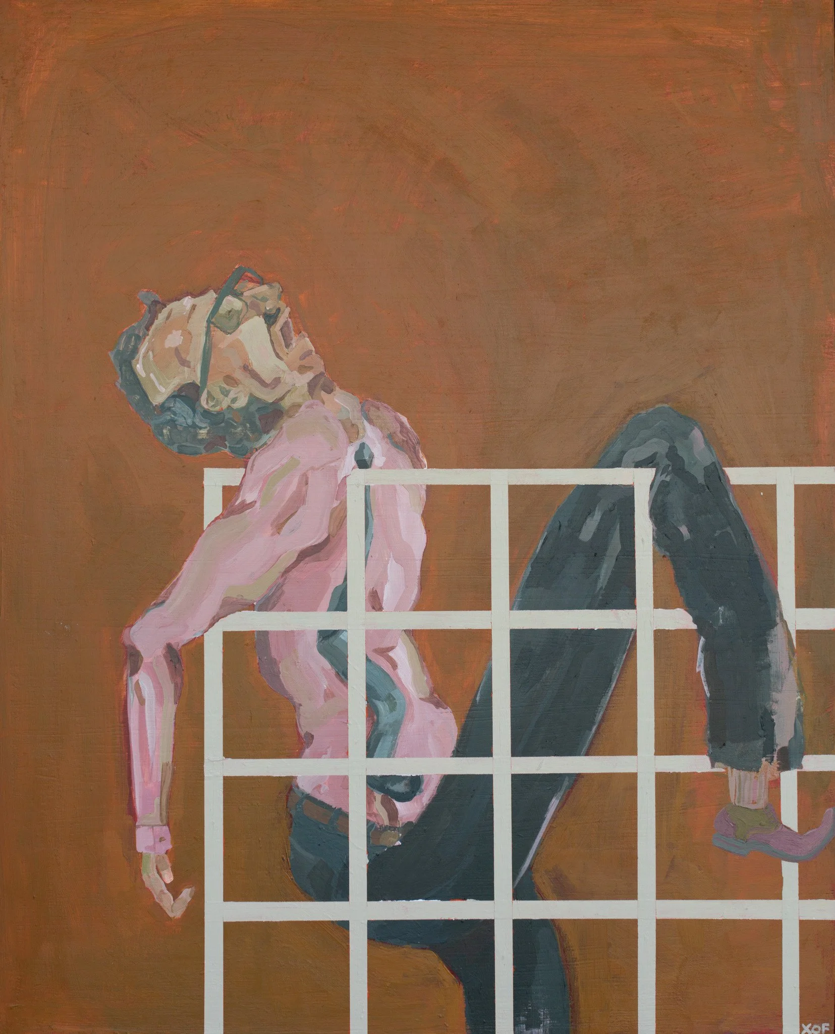 Painting depicts a person with a pink dress, dark hair, and glasses, holding a book or tablet, standing behind a white railing with a brown background.