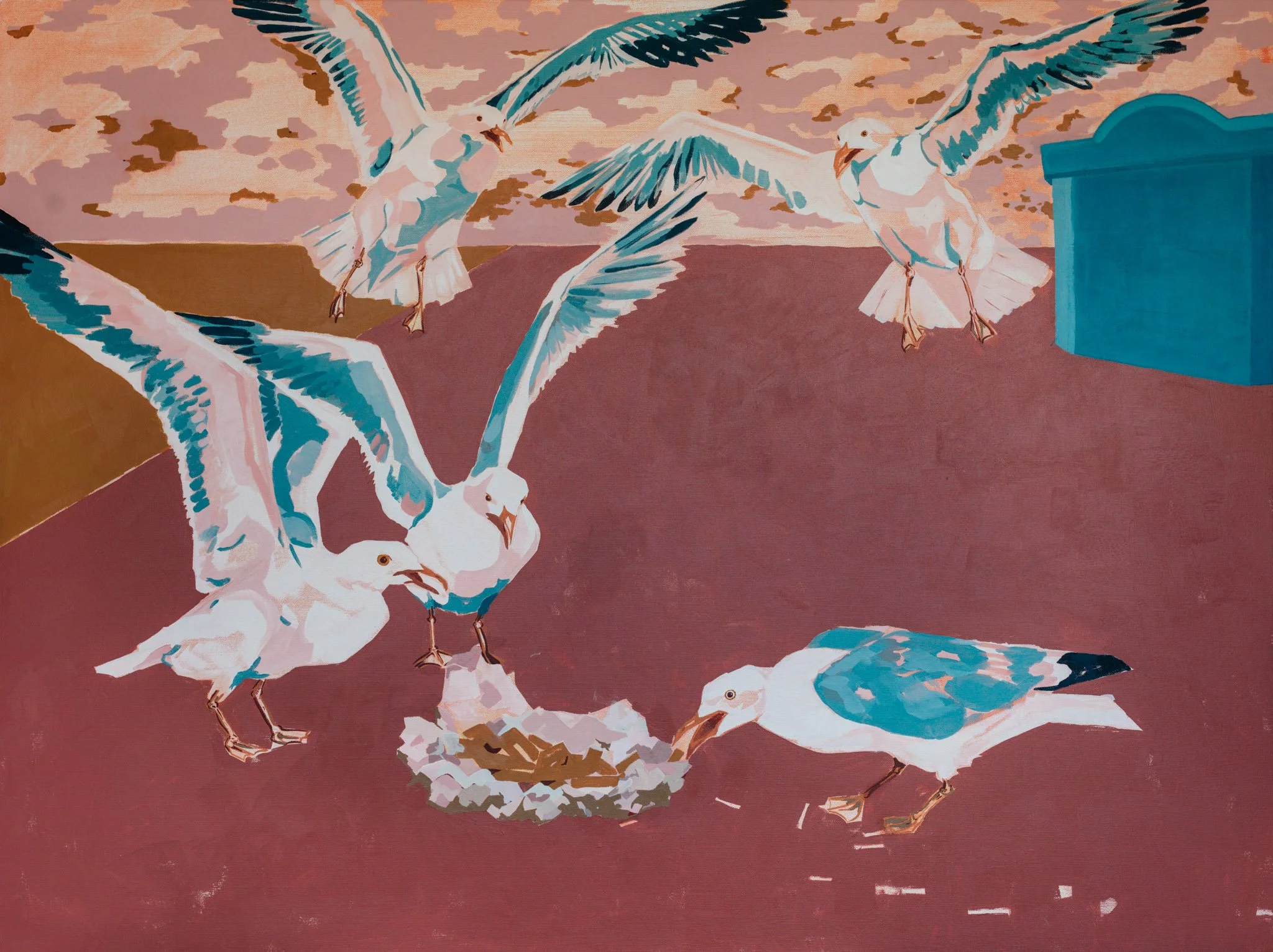 Painting of several white and blue seagulls flying and standing on the ground, with a cloudy sky in the background and a blue object on the right side.