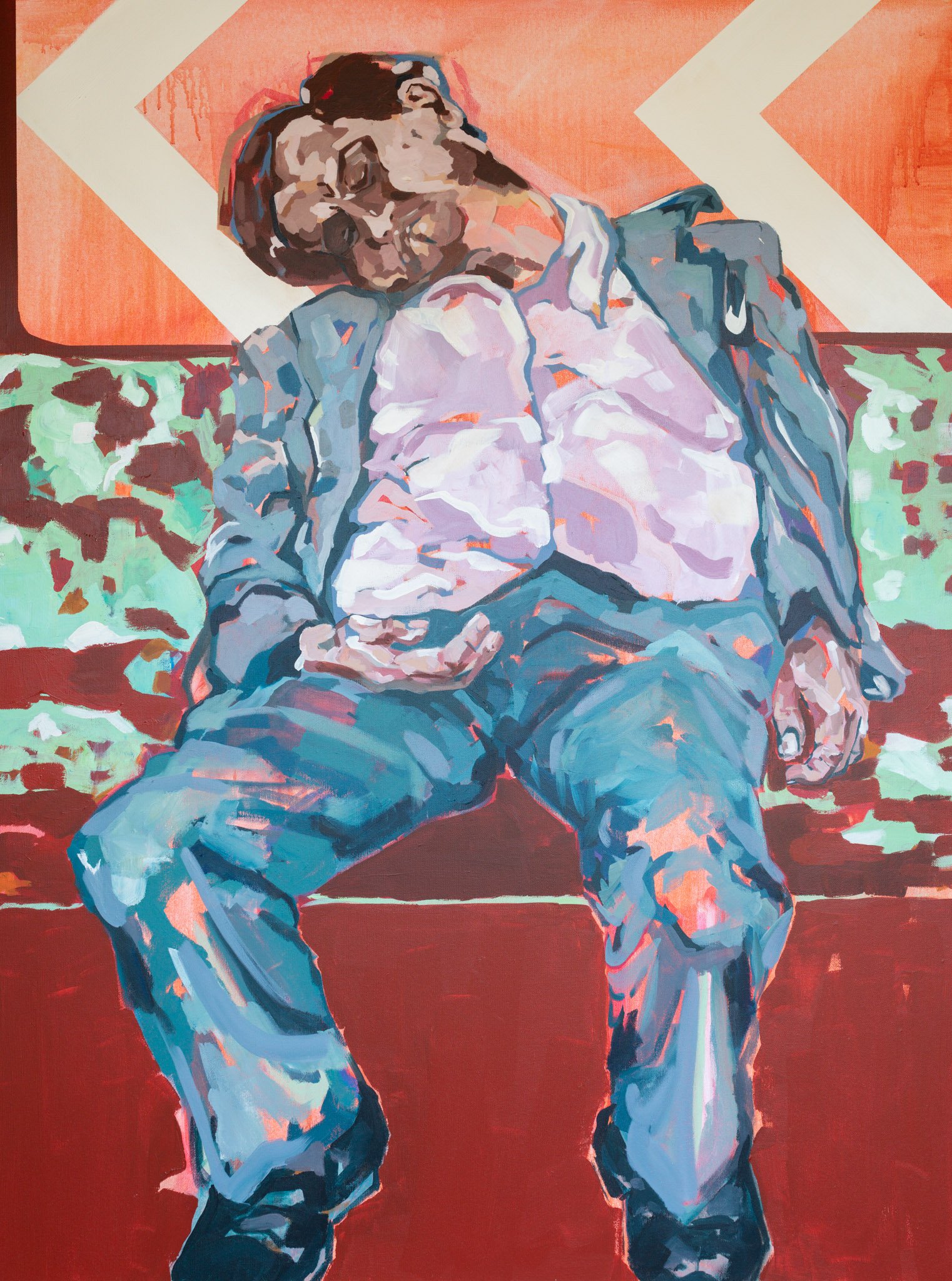 Painting of an older man with glasses, wearing a gray jacket, white shirt, and gray pants, standing in front of a red and beige geometric background.