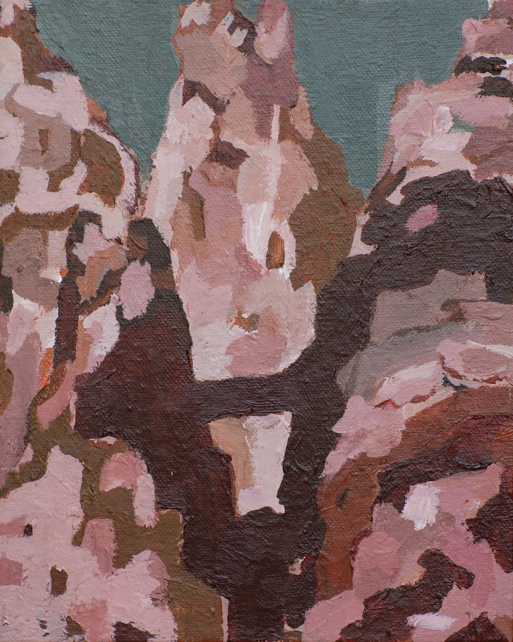 An impressionistic painting of a person with pinkish and brown tones, holding food on a fork with other figures around, possibly in a social setting.