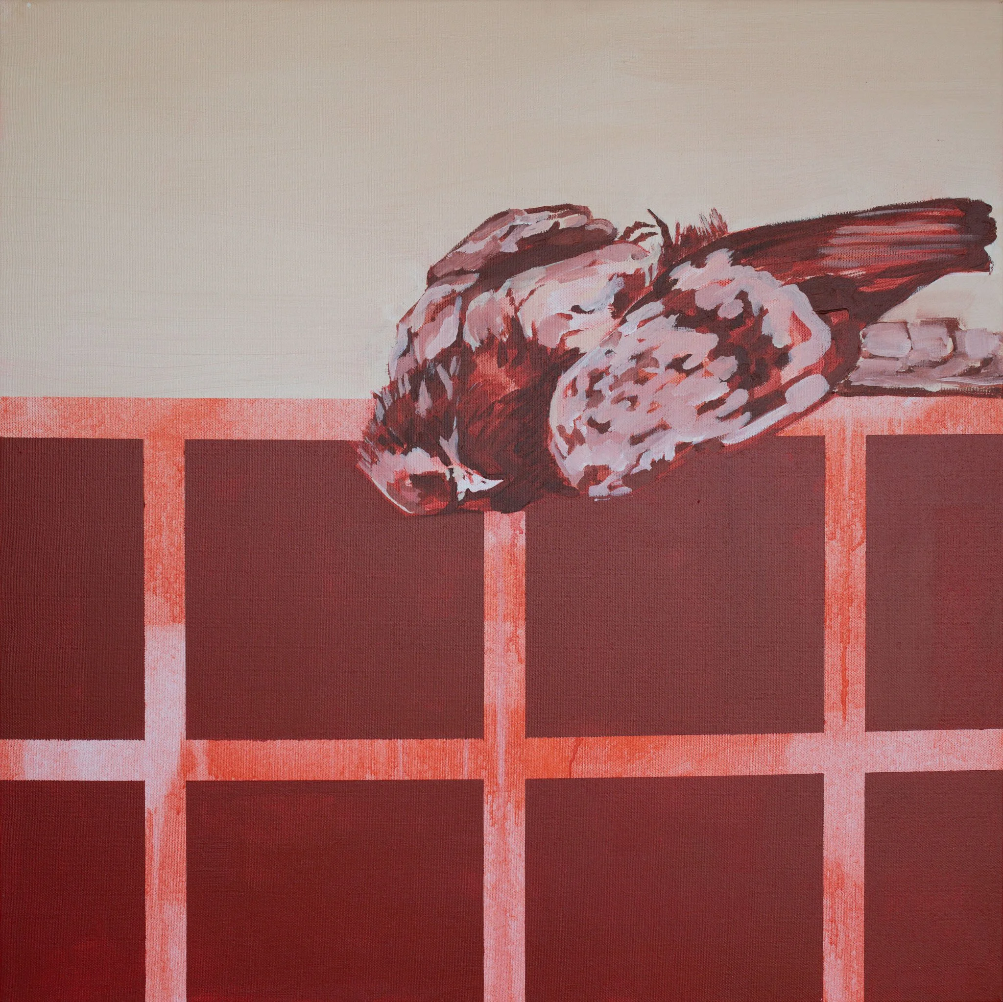 A painting featuring an abstract depiction of a lobster on a red and pink background.