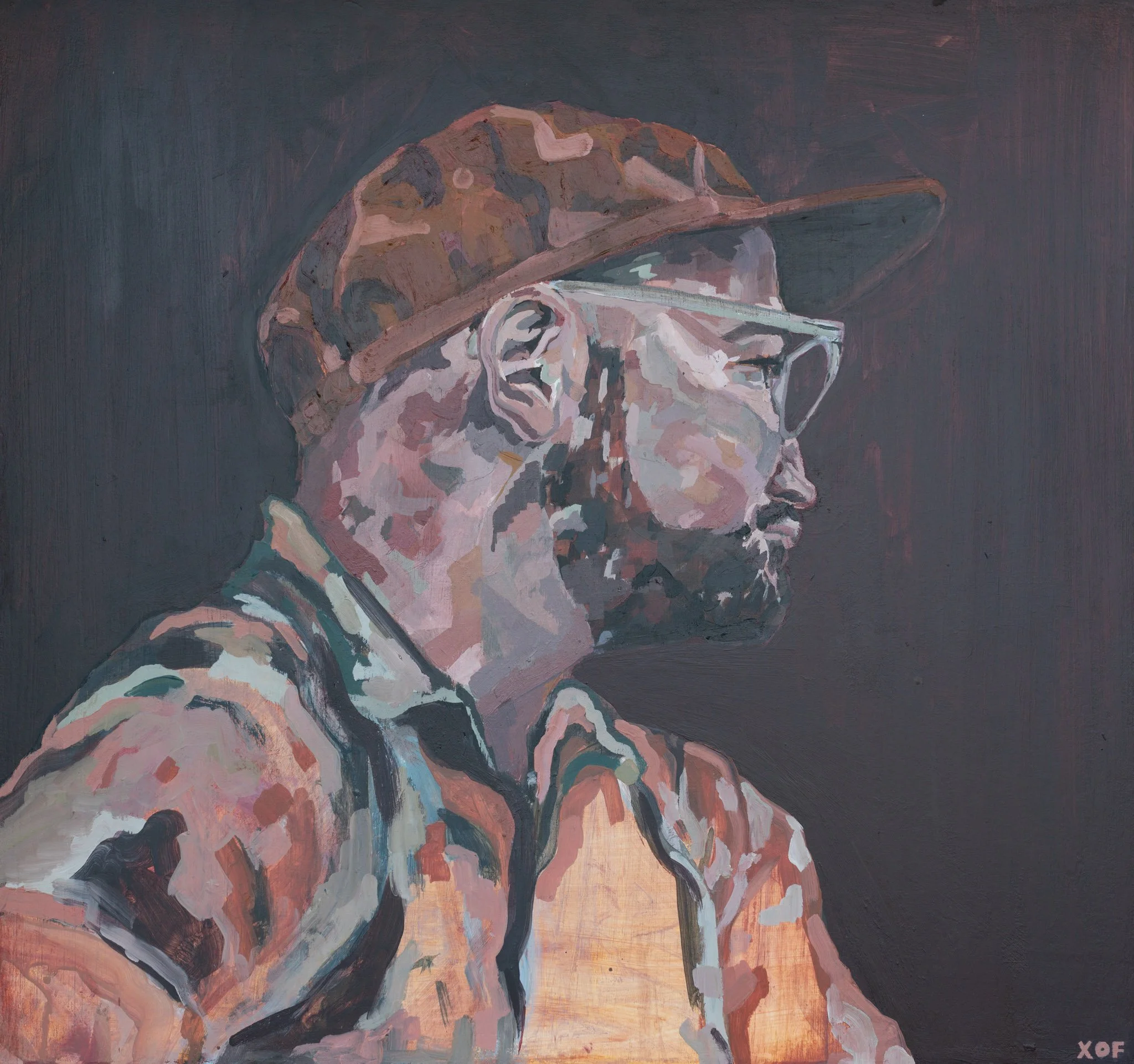 An oil painting of a man wearing glasses, a white shirt, and a camo hat, looking to the right, with a sunset in the background.