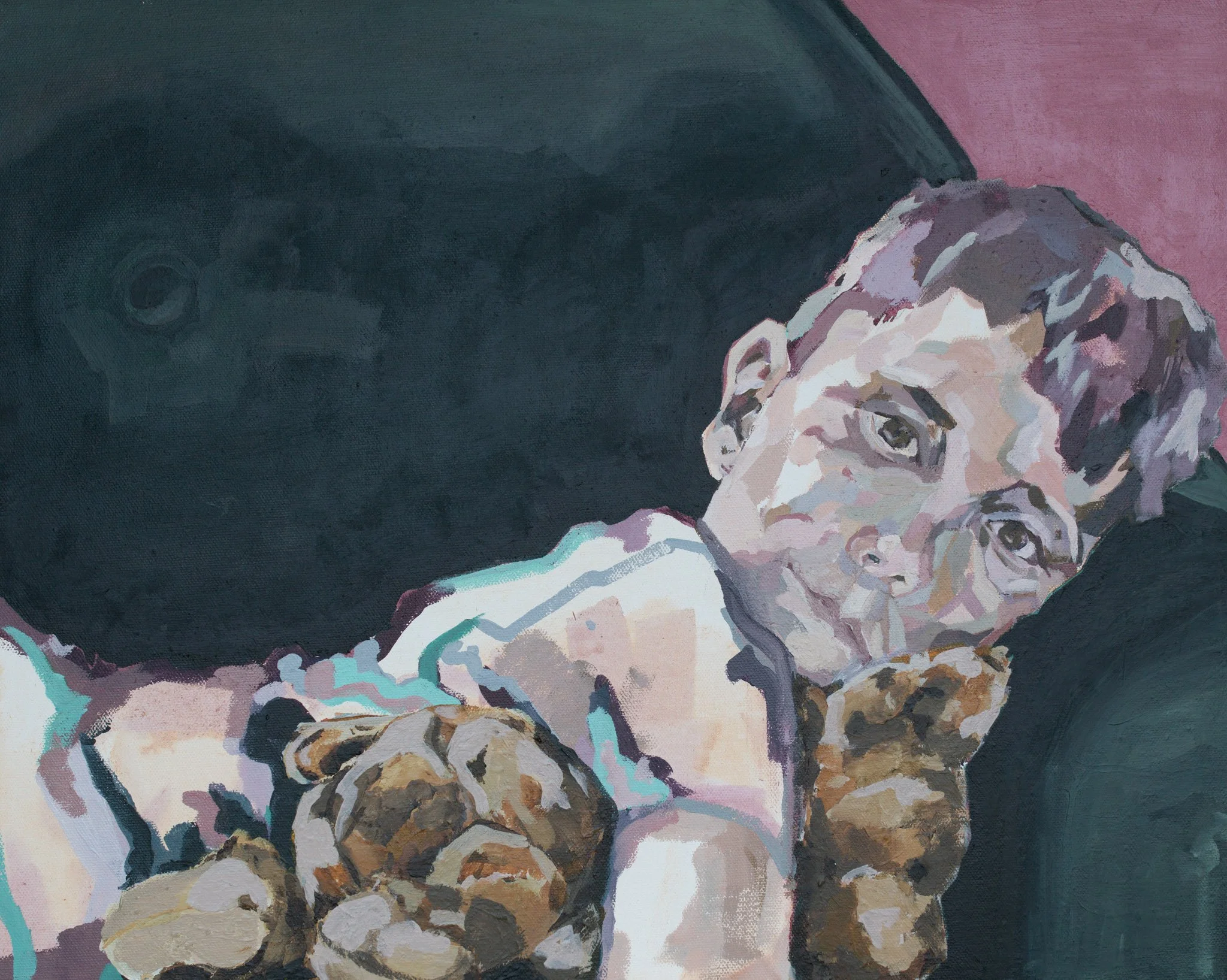 Painted portrait of a young woman with light skin, short curly hair, and a serious expression, lying on a dark background with another person partially visible.