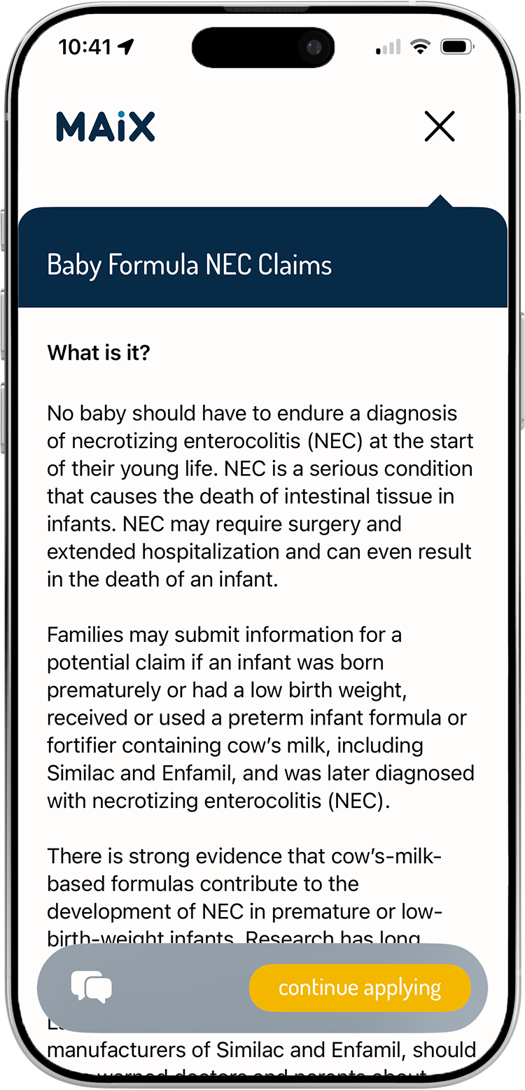 Smartphone screen displaying an app with information about NEC claims related to baby formula, with a blue header titled 'Baby Formula NEC Claims' and a yellow button labeled 'continue applying' at the bottom.