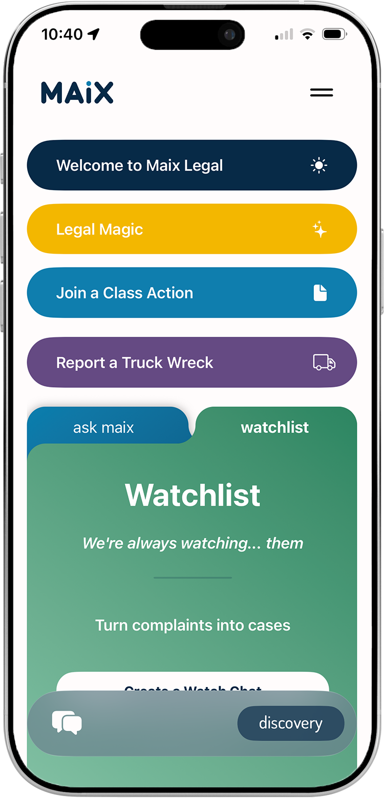 Mobile app interface for Maix with options for legal assistance, joining a class, reporting truck wrecks, and a watchlist feature.