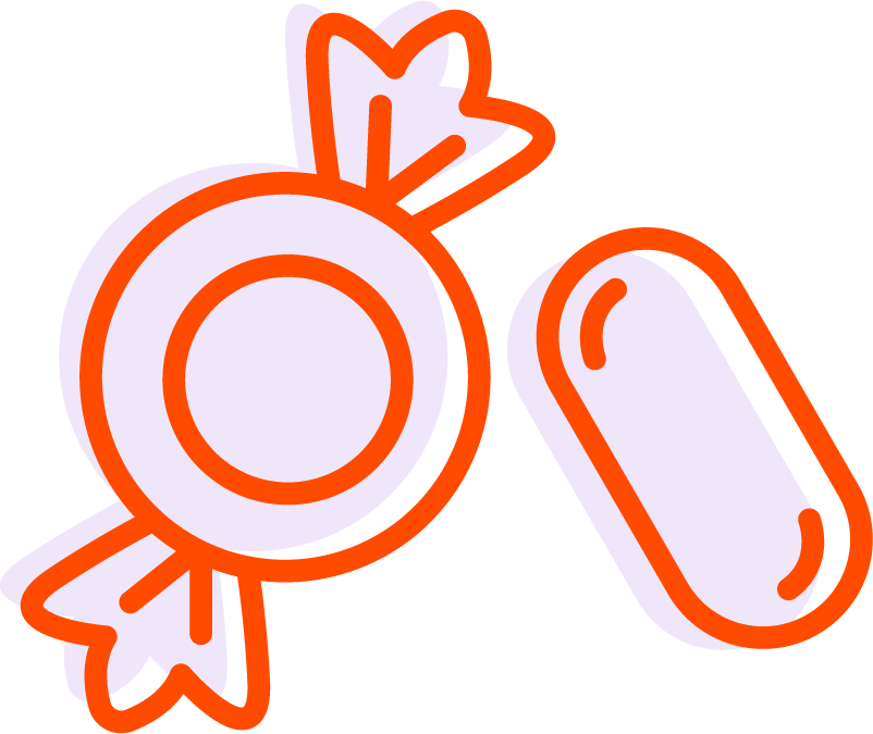 Illustration of a piece of candy wrapped in a circular wrapper and a small rectangular bar of chocolate.