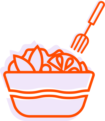 Illustration of a bowl of salad with vegetables and a fork.