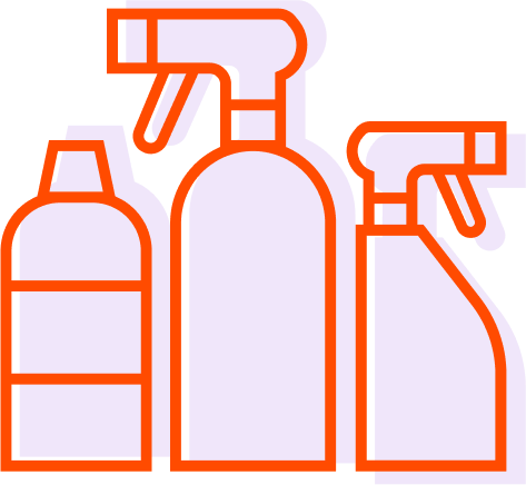 Outline illustration of three spray bottles with orange outlines.