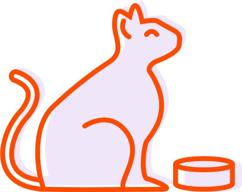 Line art illustration of a cat sitting next to a bowl.