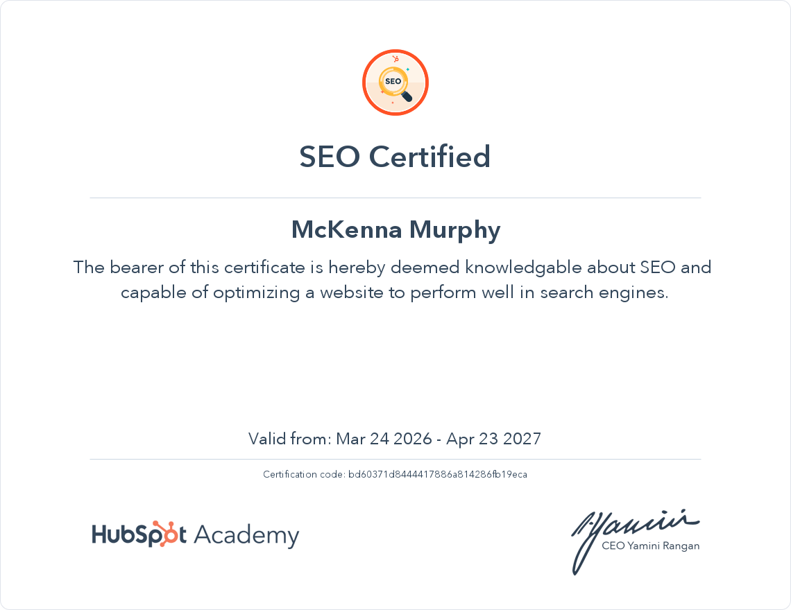 Hubspot SEO certificate showing McKenna Murphy's knowledge of optimization.