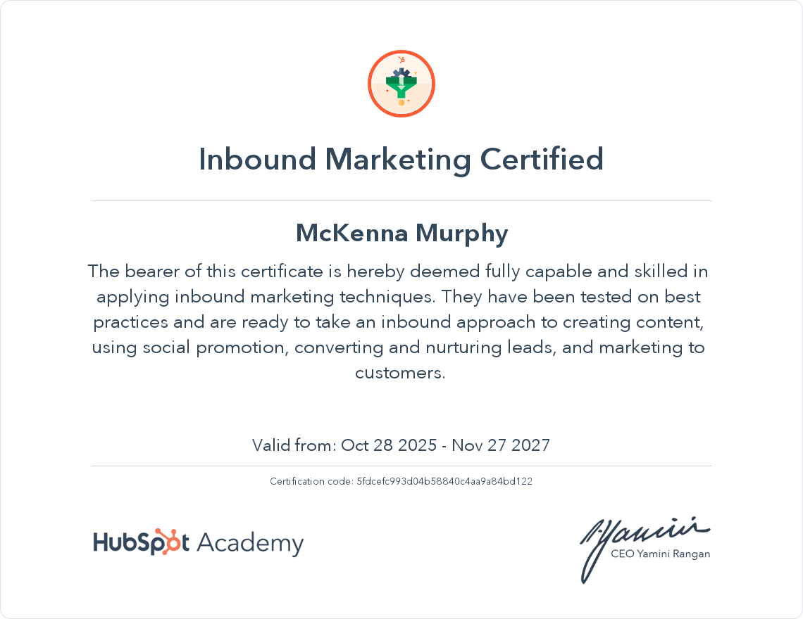 Hubspot Inbound Marketing Certificate demonstrating McKenna Murphy's knowledge of important techniques.
