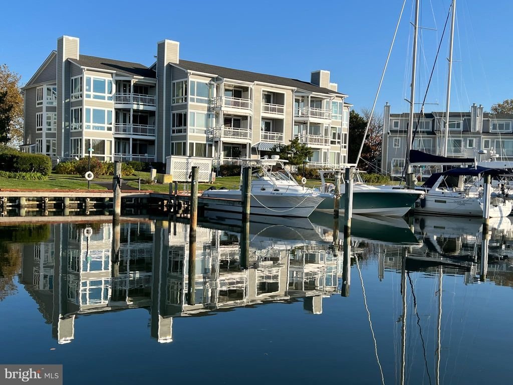 A waterfront scene with several boats docked at a marina, with modern apartment buildings in the background and clear blue sky.