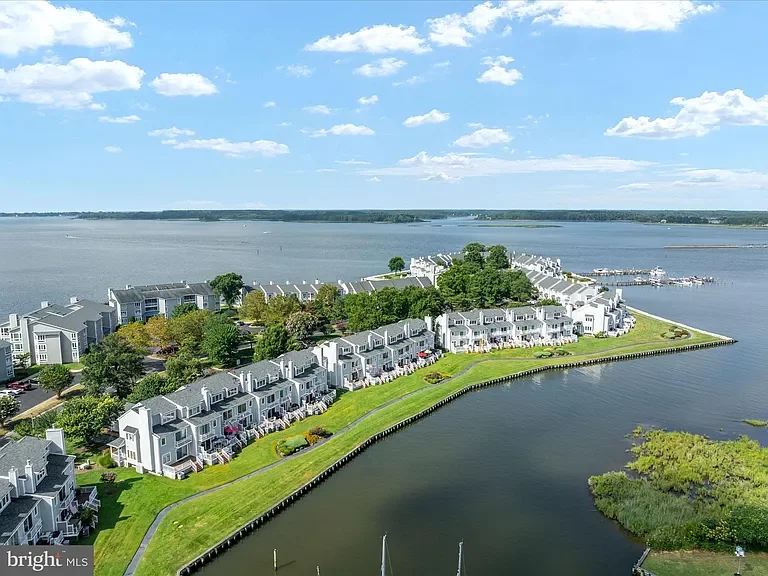 Aerial view of a waterfront community with houses, green lawns, trees, and a large body of water.