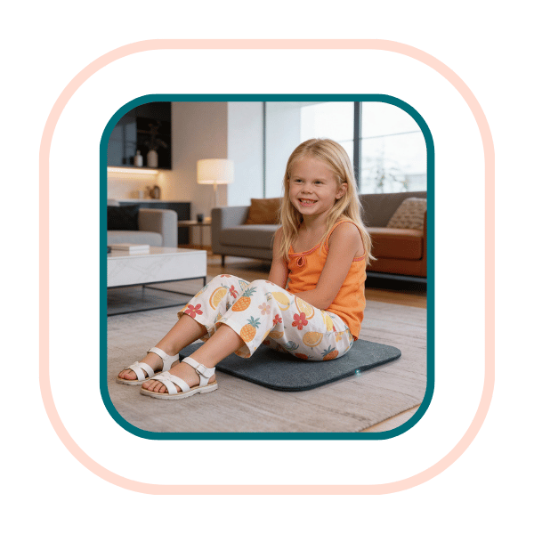 oung child sitting on a Trembo pad, appearing calm and grounded