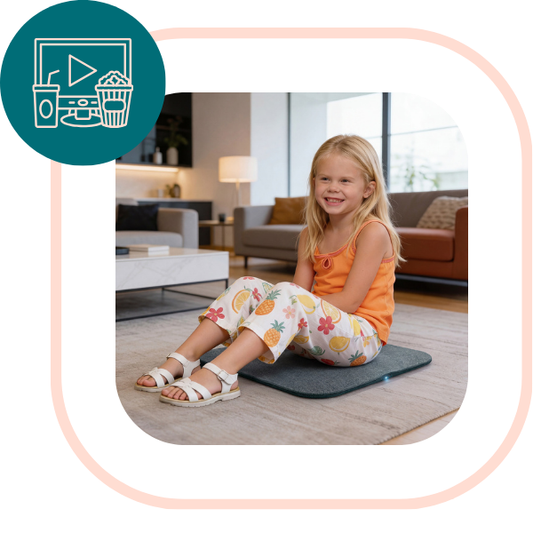 A little girl wears an orange shirt and flowered pants as she sits on her Trembo on the floor.