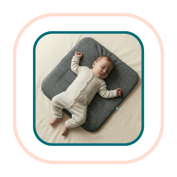 Newborn sleeping on a Trembo vibration pad placed on a bed