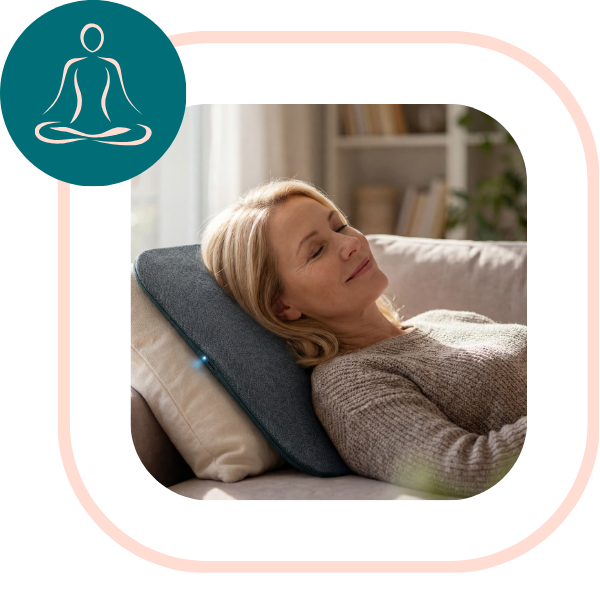 Middle age mom relaxed on sofa with a Trembo